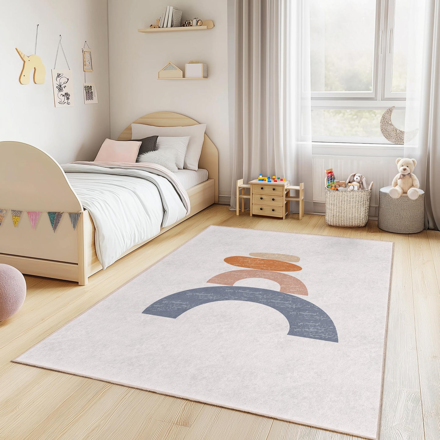 Abstract Rainbow Design Rectangular Kids Rug, Soft Geometric Carpet for Children's Room, Playroom Decor, Nursery Rug