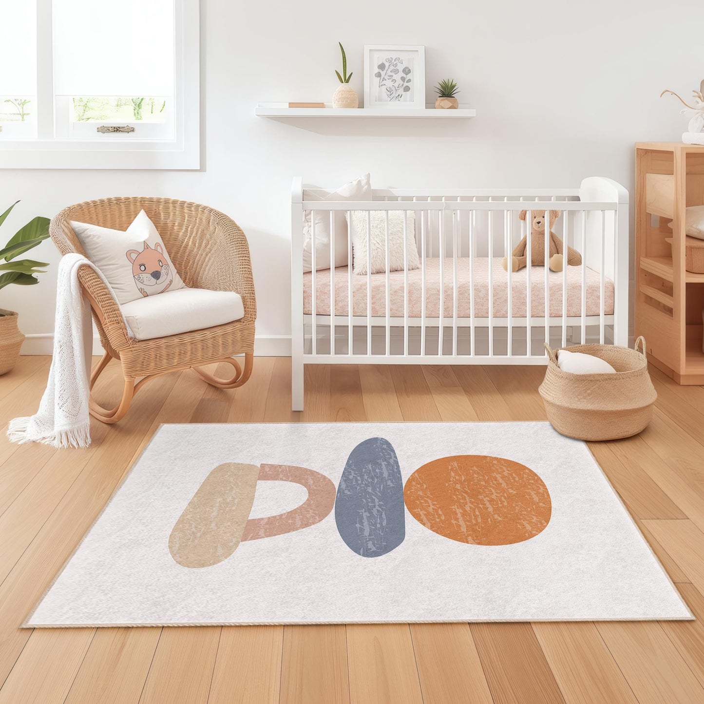Abstract Colorful Shapes Area Rug, Modern Kids Room Rug, Rectangular Playroom Carpet, Nursery Decor, Soft and Cozy Mat
