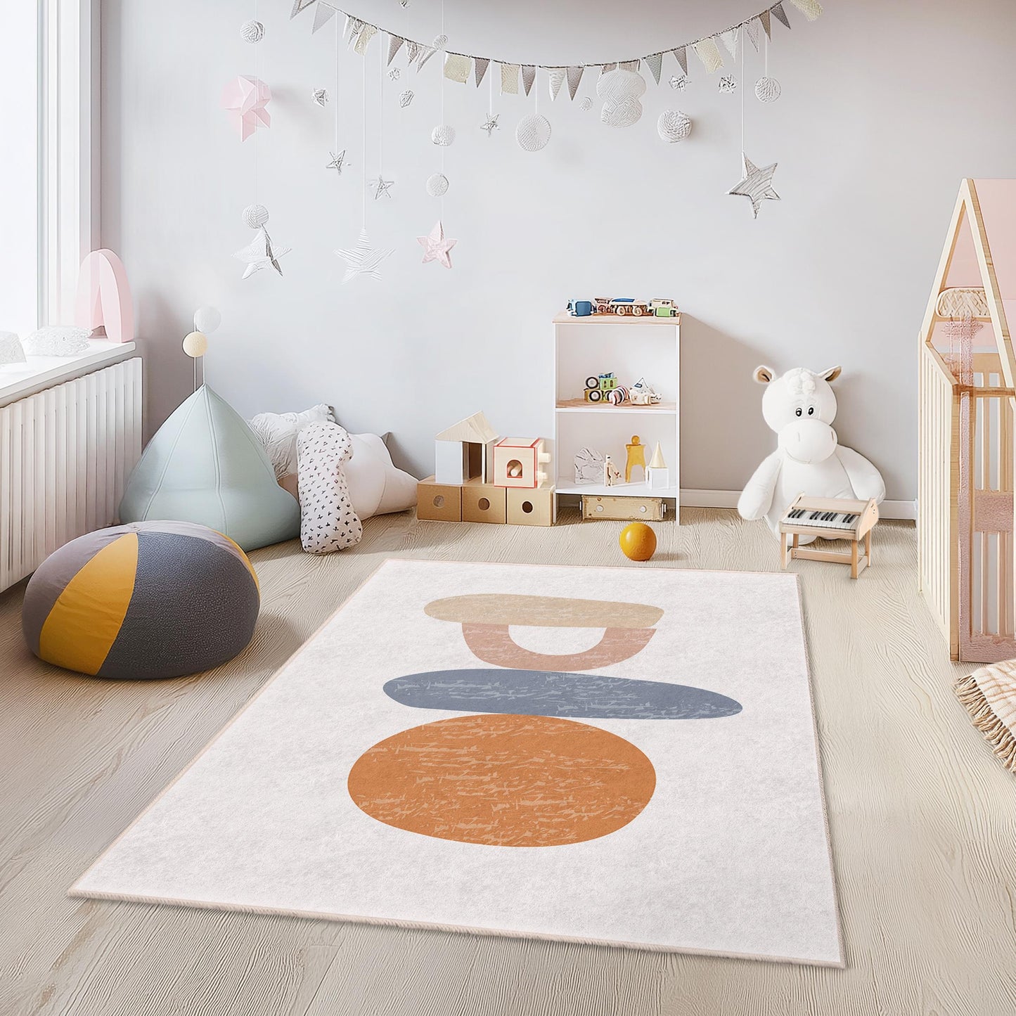 Abstract Colorful Shapes Area Rug, Modern Kids Room Rug, Rectangular Playroom Carpet, Nursery Decor, Soft and Cozy Mat