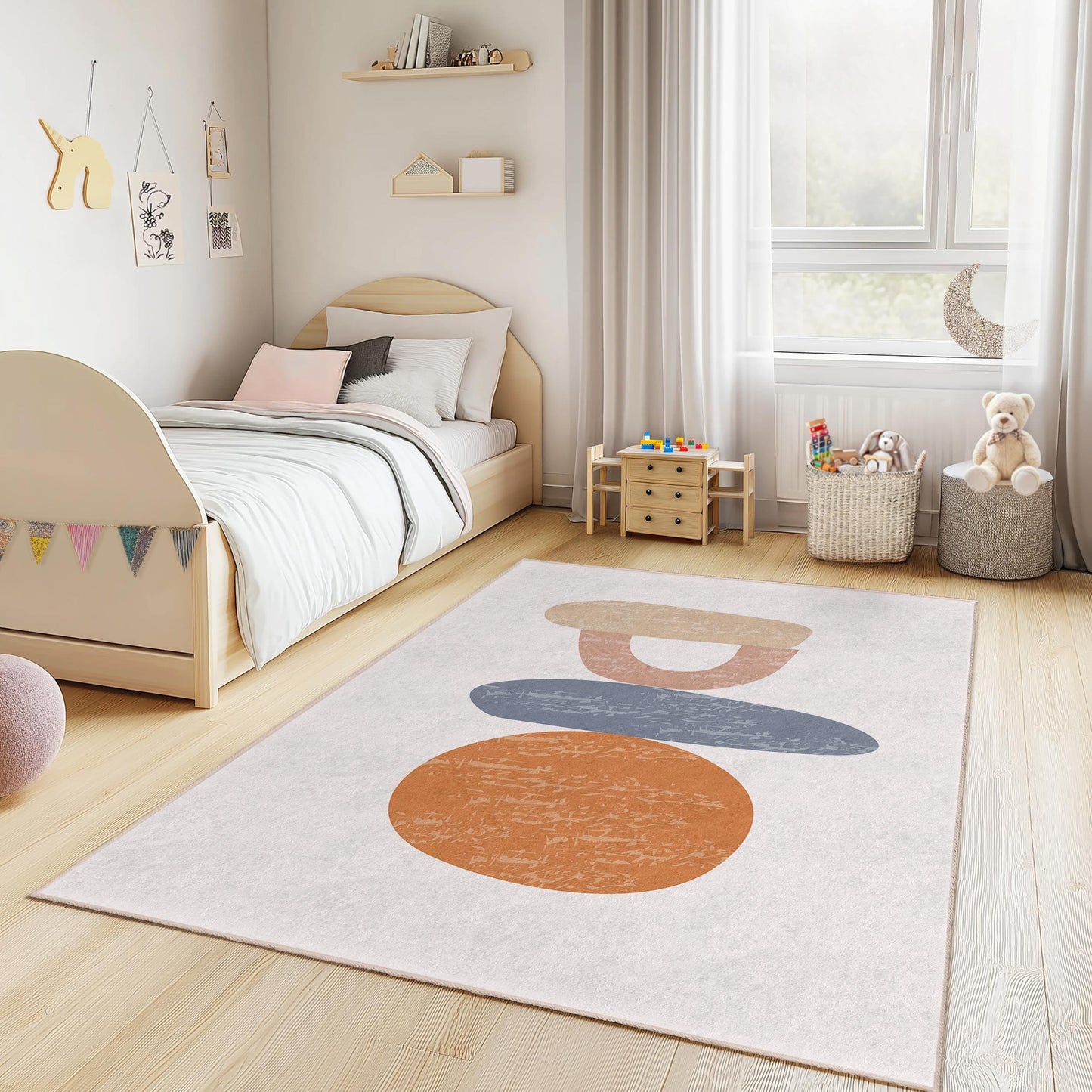 Abstract Colorful Shapes Area Rug, Modern Kids Room Rug, Rectangular Playroom Carpet, Nursery Decor, Soft and Cozy Mat