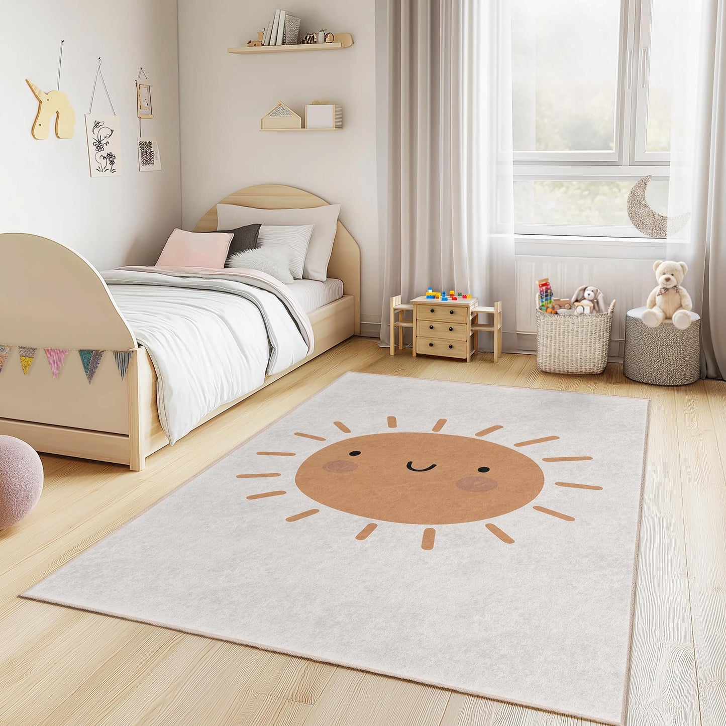 Smiling Sun Rectangular Kids Rug, Cute Sun Design Area Rug, Playroom Carpet, Nursery Decor, Childrens Room Rug, Happy Sun Mat