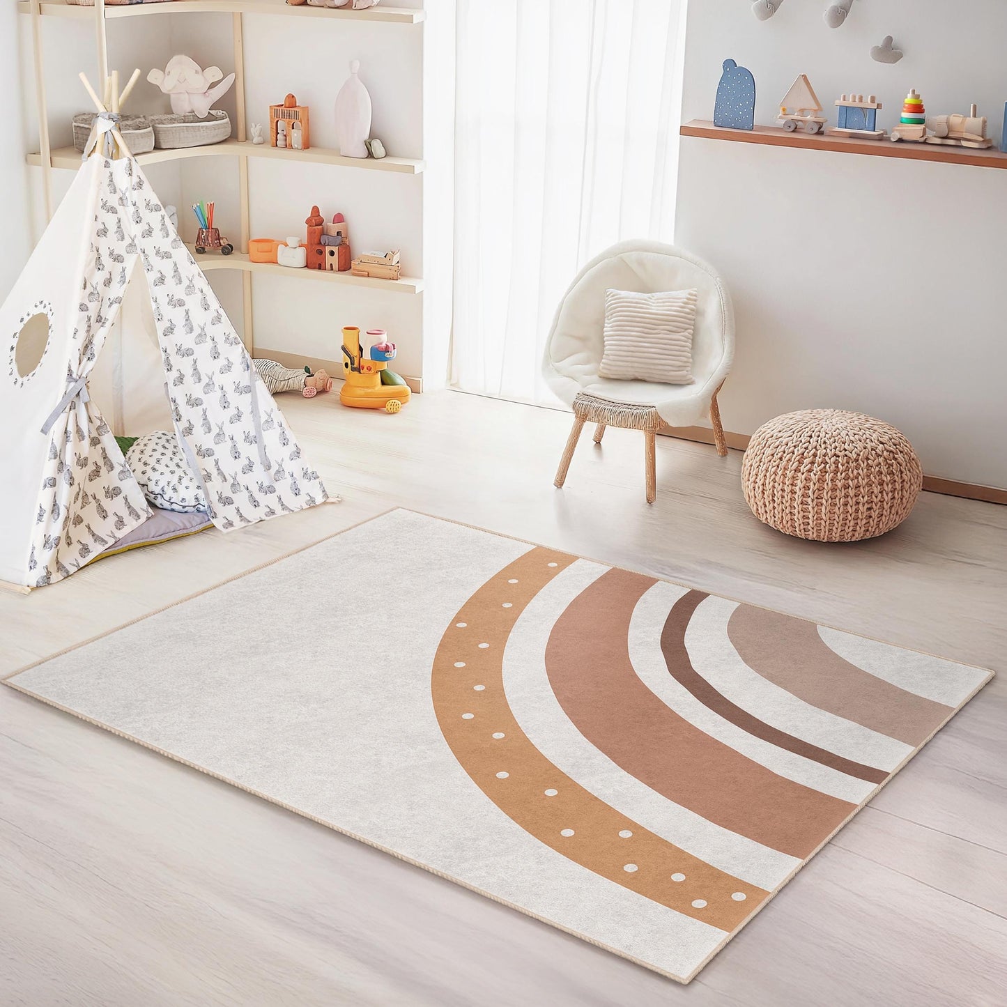 Boho Rainbow Kids Room Rug, Rectangular Play Mat, Soft Nursery Carpet, Earthy Tone Kids Decor, Childrens Bedroom Rug