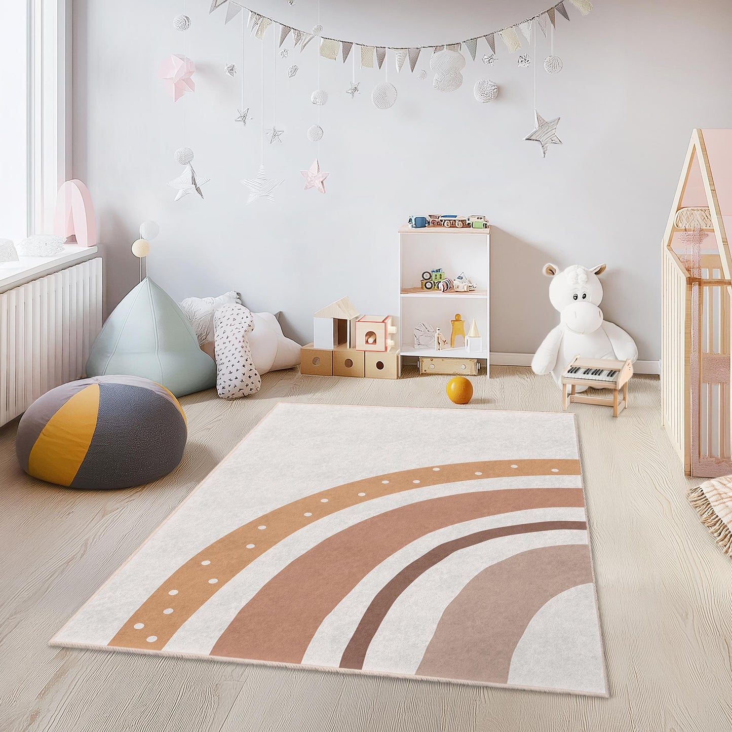 Boho Rainbow Kids Room Rug, Rectangular Play Mat, Soft Nursery Carpet, Earthy Tone Kids Decor, Childrens Bedroom Rug