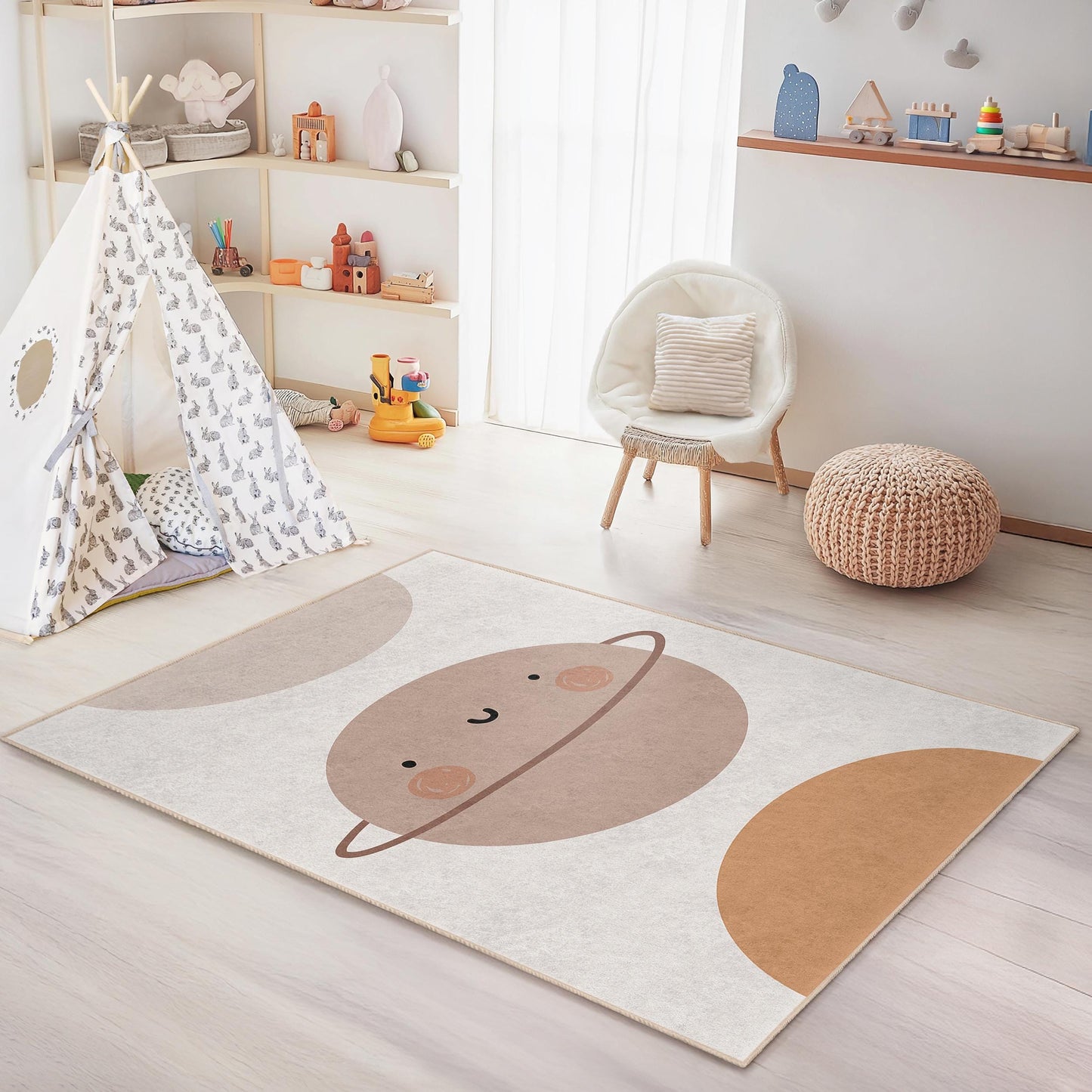 Cute Planet Themed Rectangular Kids Rug, Soft Cartoon Planet Carpet for Nursery, Playroom Decor, Children's Room Rug