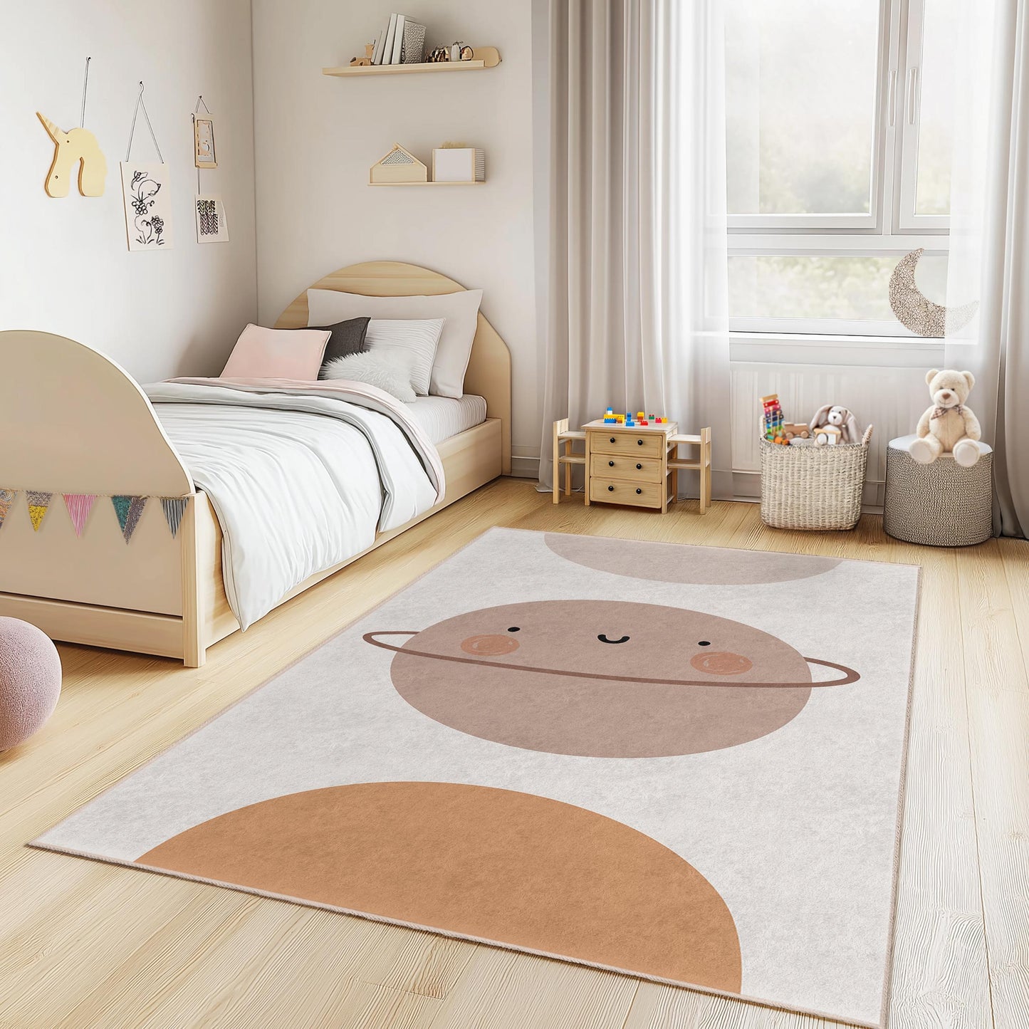 Cute Planet Themed Rectangular Kids Rug, Soft Cartoon Planet Carpet for Nursery, Playroom Decor, Children's Room Rug