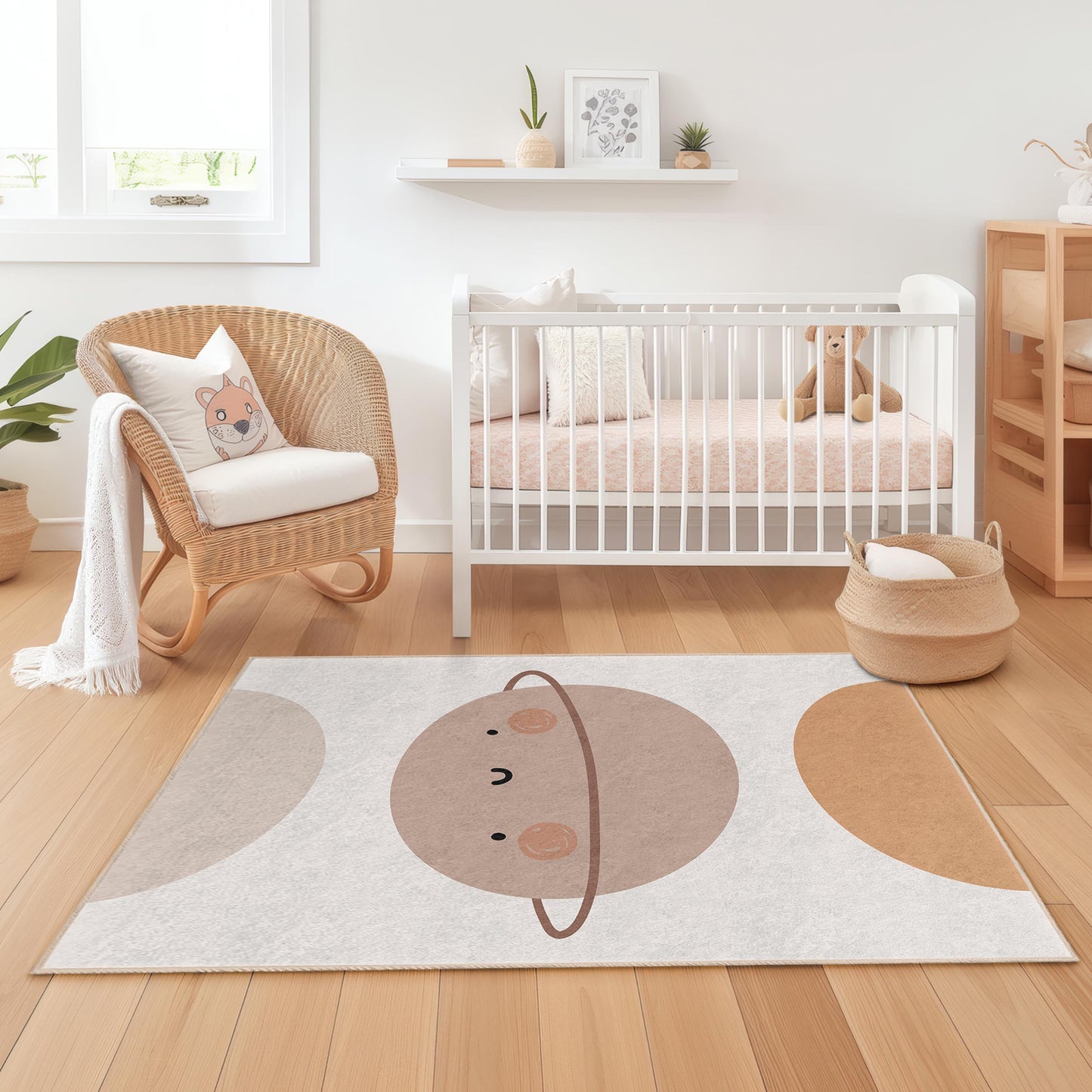 Cute Planet Themed Rectangular Kids Rug, Soft Cartoon Planet Carpet for Nursery, Playroom Decor, Children's Room Rug