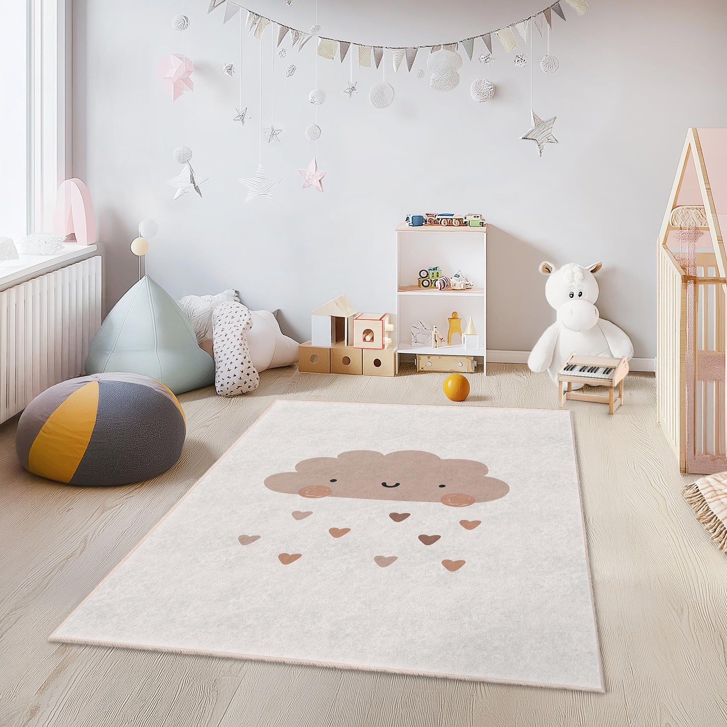 Cute Cloud Pattern Rectangular Kids Rug, Soft Nursery Carpet, Adorable Cloud Decor for Children's Room, Playroom Rug, Cozy Bedroom Mat