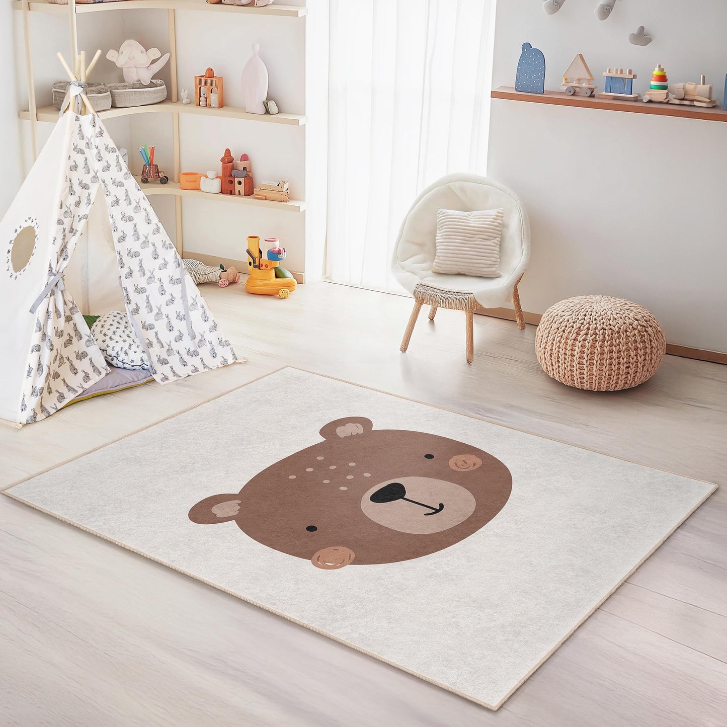 Cute Bear Face Kids Room Rug, Adorable Bear Rug for Children's Room, Nursery Decor, Soft Play Mat, Rectangular Kids Carpet