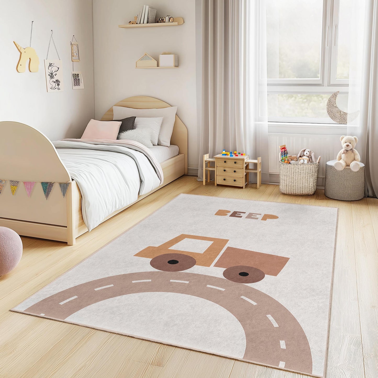 Beeping Truck Kids Rug, Cute Truck Playmat, Rectangle Kids Room Carpet, Fun Nursery Decor, Soft Play Room Rug