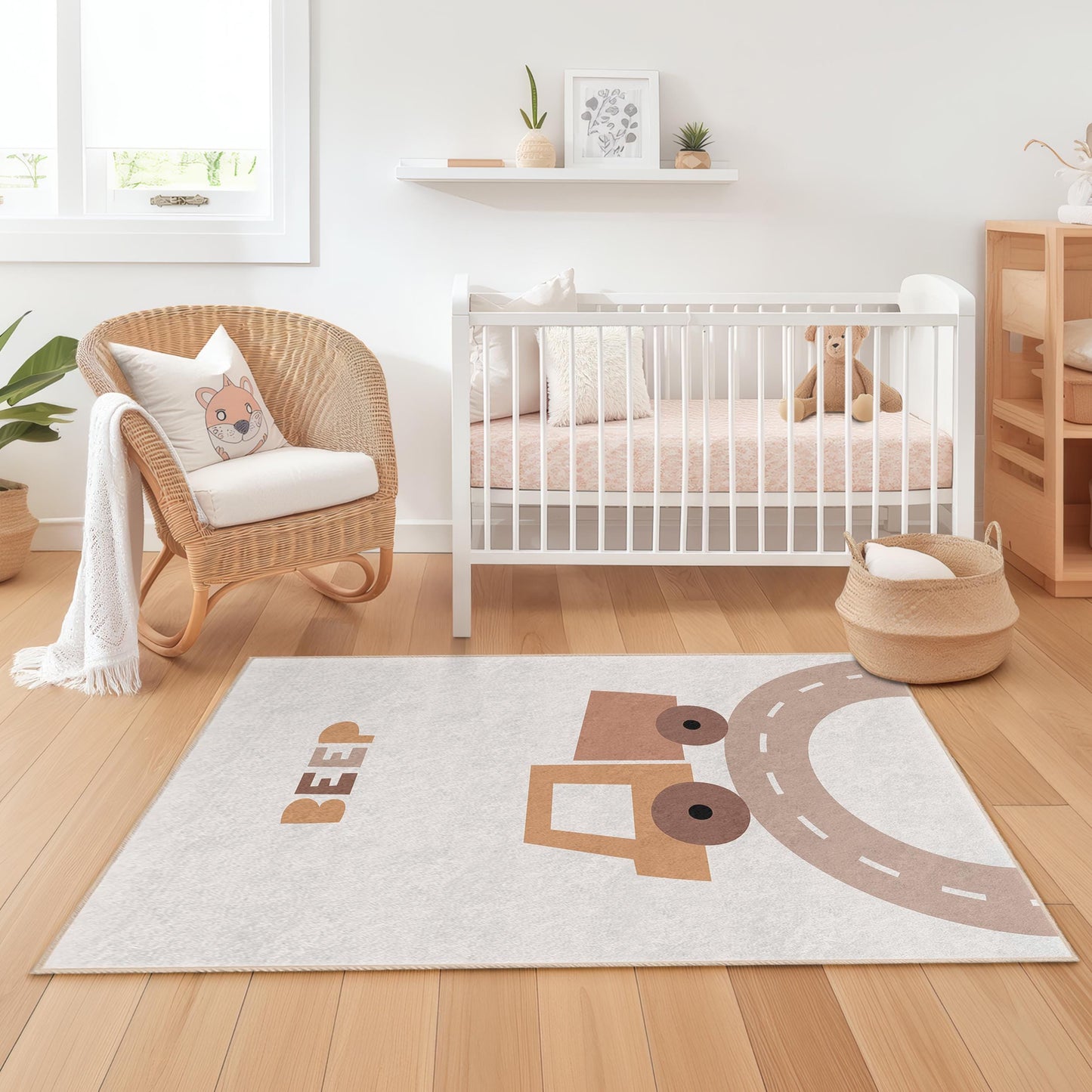 Beeping Truck Kids Rug, Cute Truck Playmat, Rectangle Kids Room Carpet, Fun Nursery Decor, Soft Play Room Rug