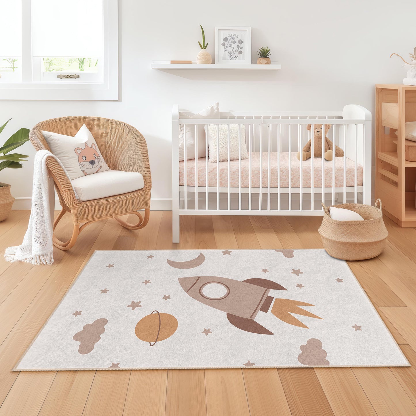 Rocket and Stars Rectangular Kids Rug, Space Theme Nursery Carpet, Playroom Decor, Cozy Children's Rug, Outer Space Play Mat