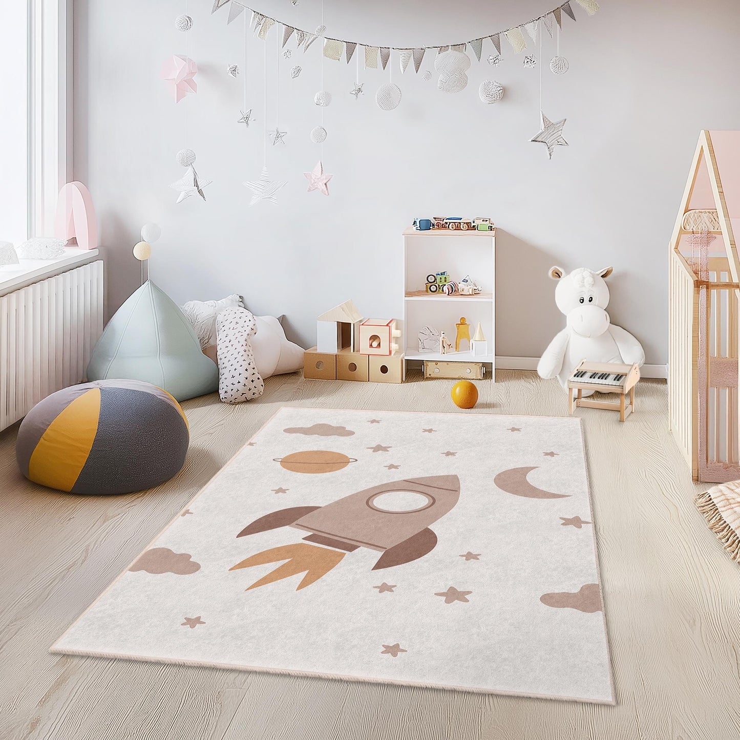 Rocket and Stars Rectangular Kids Rug, Space Theme Nursery Carpet, Playroom Decor, Cozy Children's Rug, Outer Space Play Mat