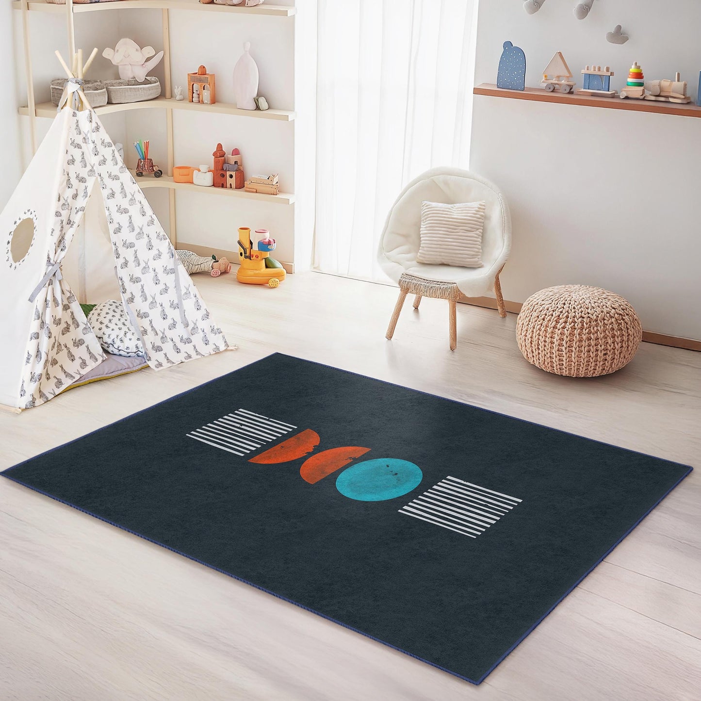 Abstract Geometric Rectangular Kids Rug, Modern Art Playroom Carpet, Colorful Children's Room Decor, Soft Nursery Rug