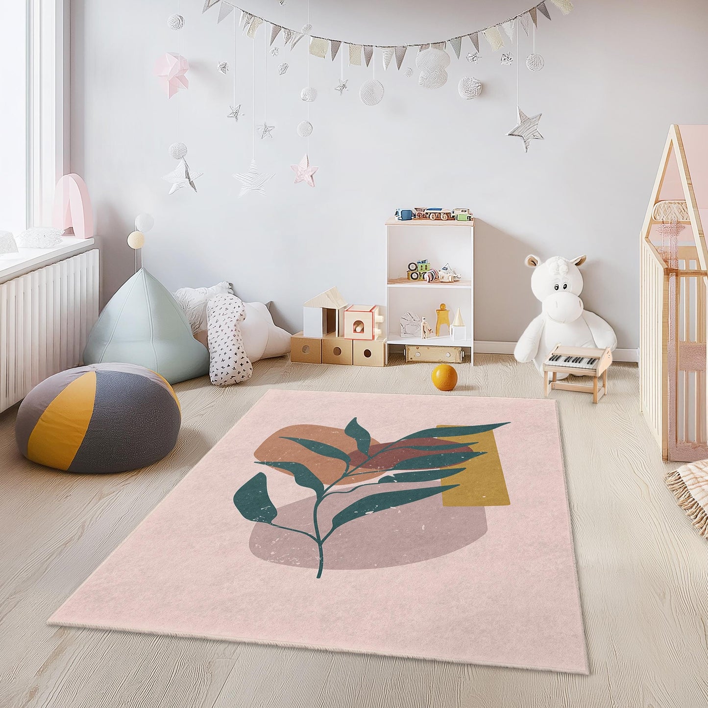 Abstract Leaf Design Rectangular Area Rug, Modern Plant Pattern Rug, Decorative Floor Mat for Kids Room, Nursery, Living Room Decor