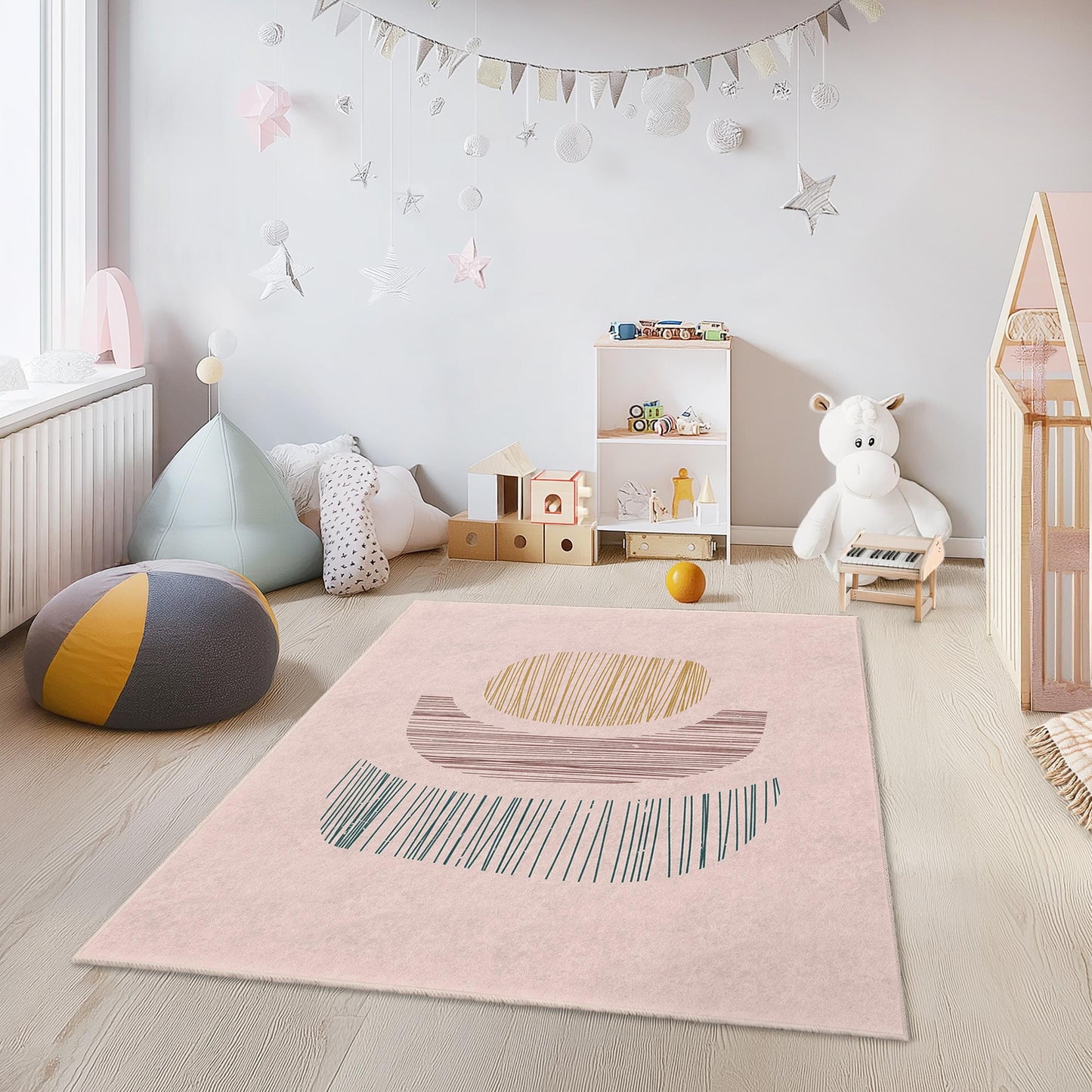 Abstract Geometric Pattern Rectangular Kids Rug, Modern Playroom Carpet, Stylish Nursery Decor, Soft Area Rug for Children