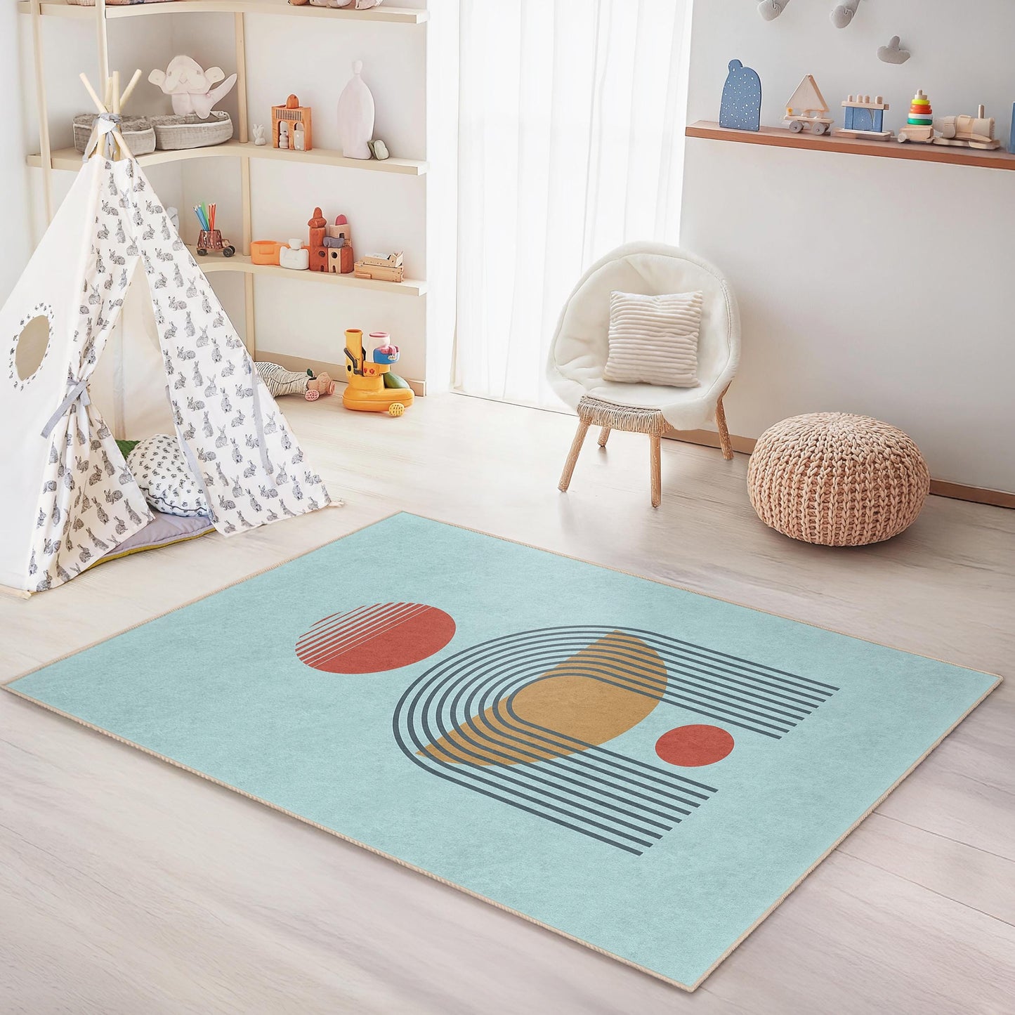 Geometric Shapes Patterned Rectangular Play Rug for Kids, Modern Nursery Carpet, Soft Playroom Mat, Kids Room Decor