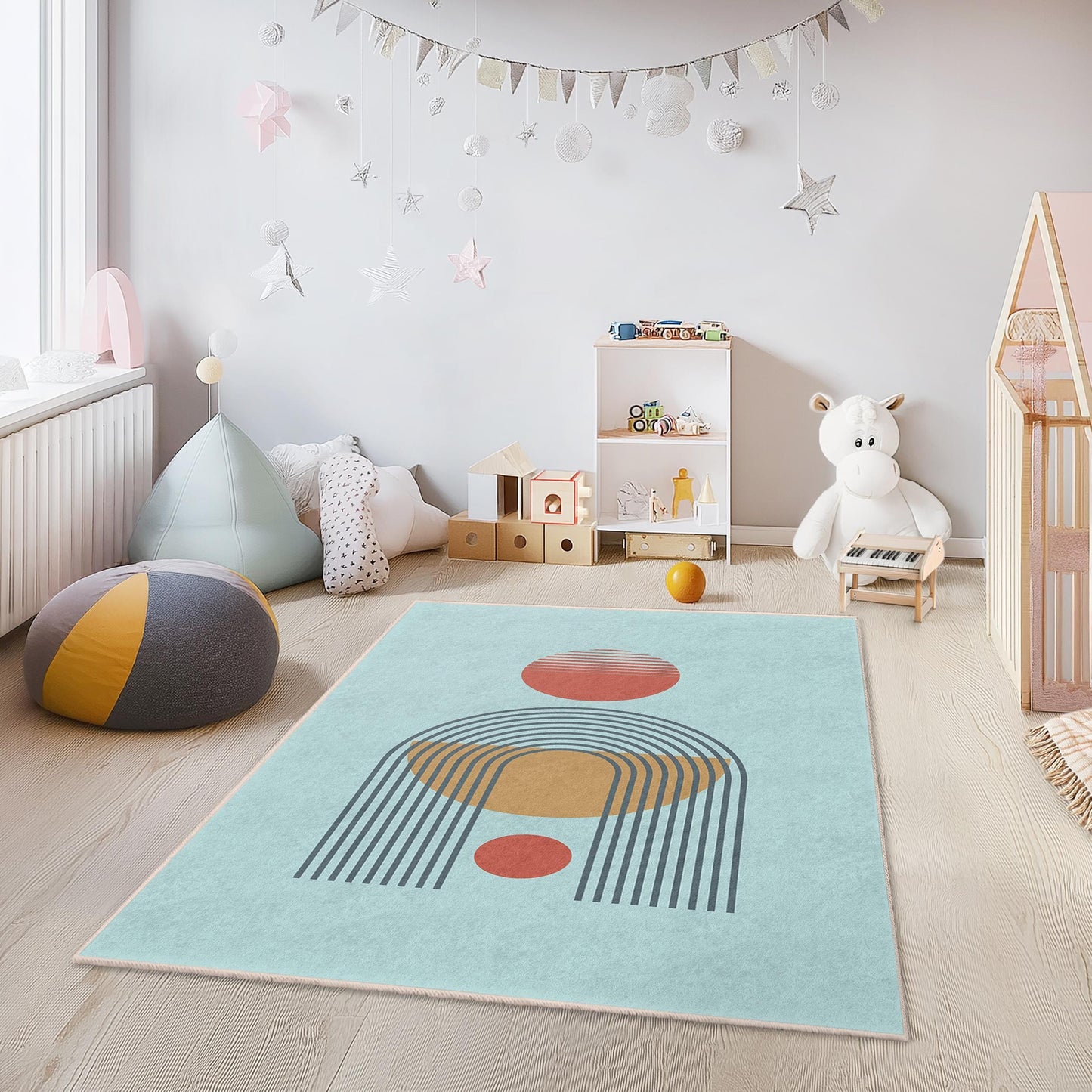 Geometric Shapes Patterned Rectangular Play Rug for Kids, Modern Nursery Carpet, Soft Playroom Mat, Kids Room Decor