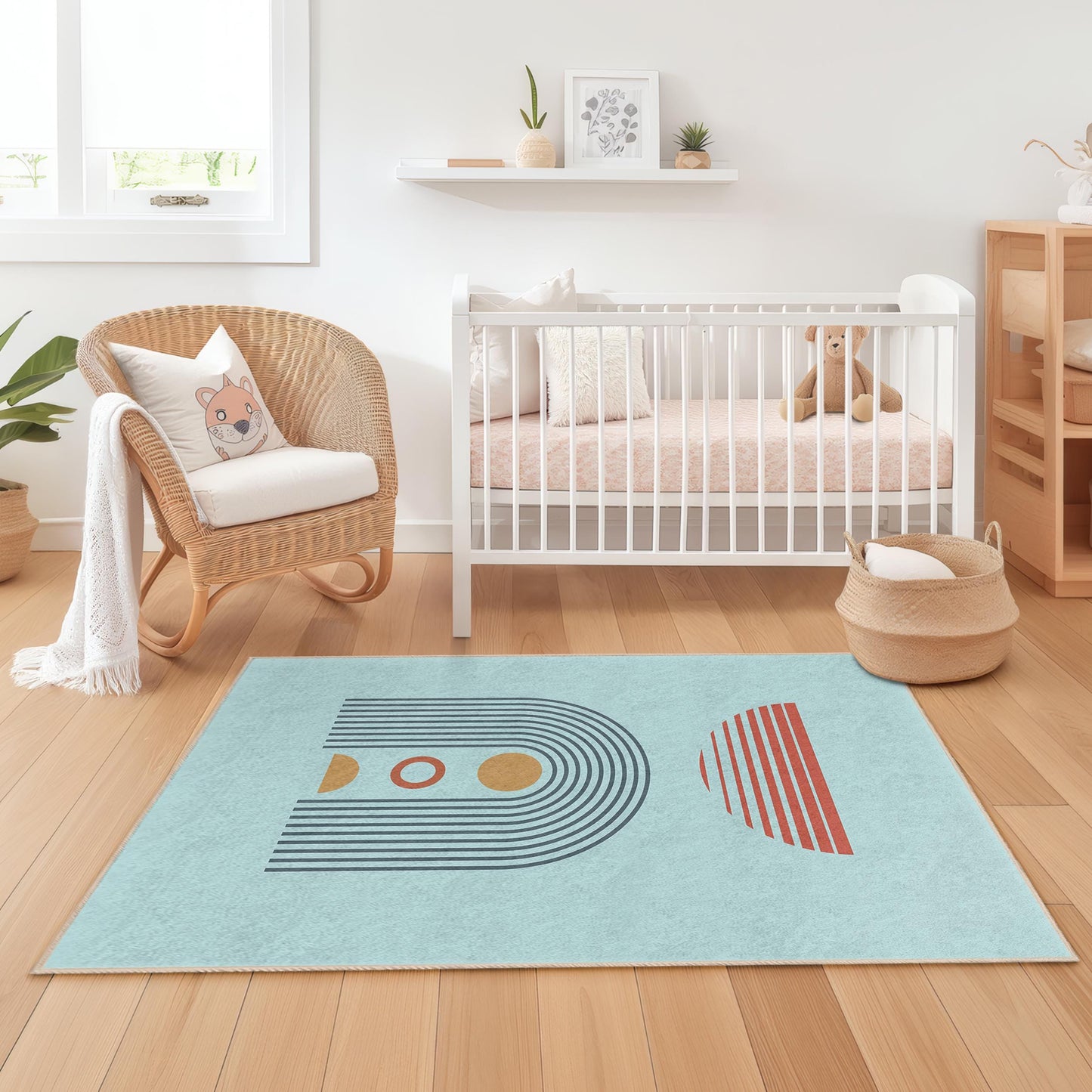 Geometric Pattern Rectangular Kids Rug, Modern Design Playroom Carpet, Stylish Nursery Area Rug, Children's Bedroom Decor