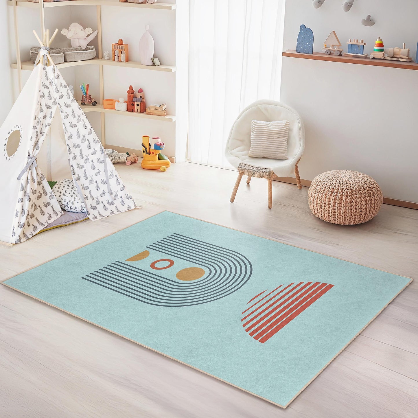 Geometric Pattern Rectangular Kids Rug, Modern Design Playroom Carpet, Stylish Nursery Area Rug, Children's Bedroom Decor
