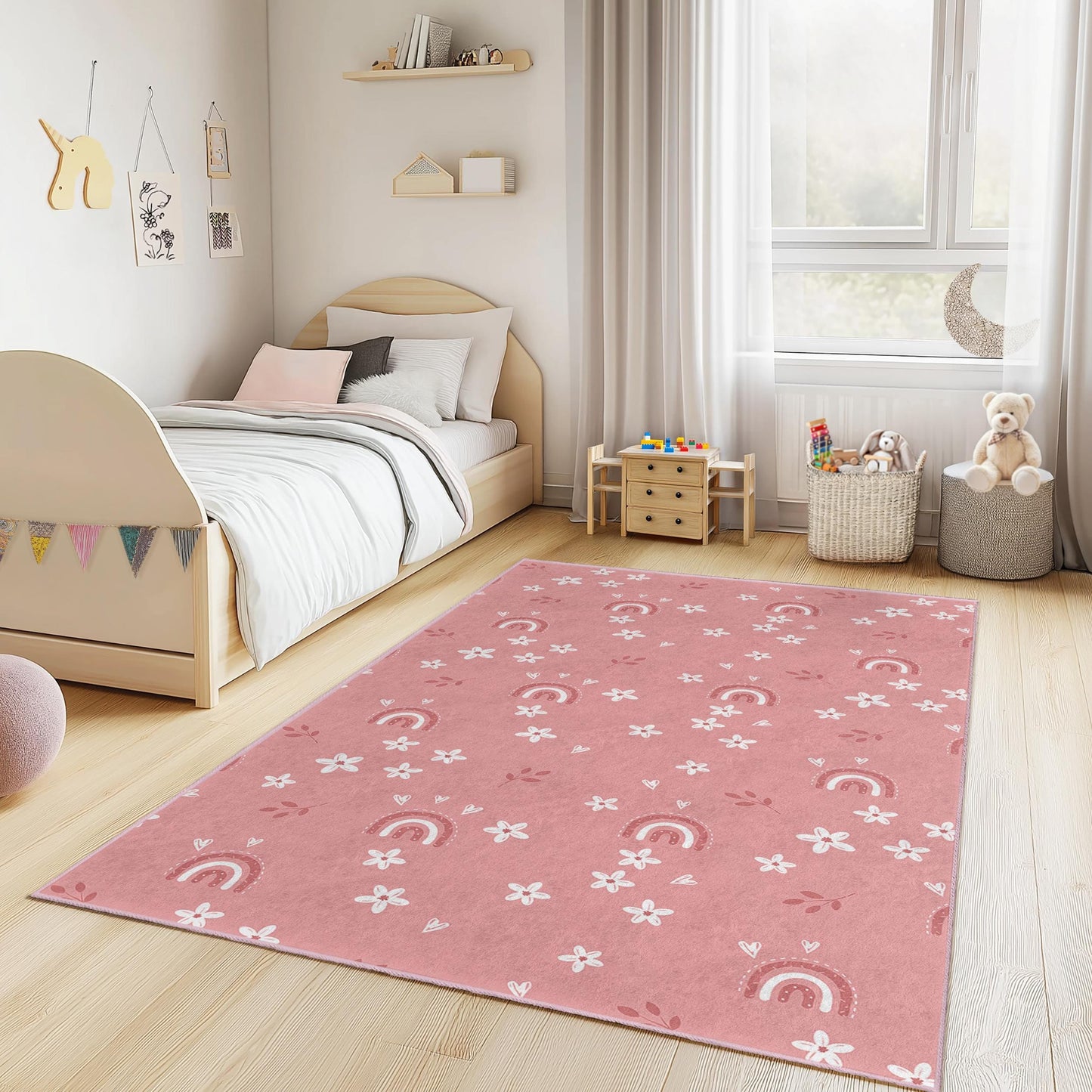 Rainbow and Floral Pattern Rectangular Kids Rug, Soft Playroom Carpet, Nursery Decor, Cute Rainbow Rug for Children's Room