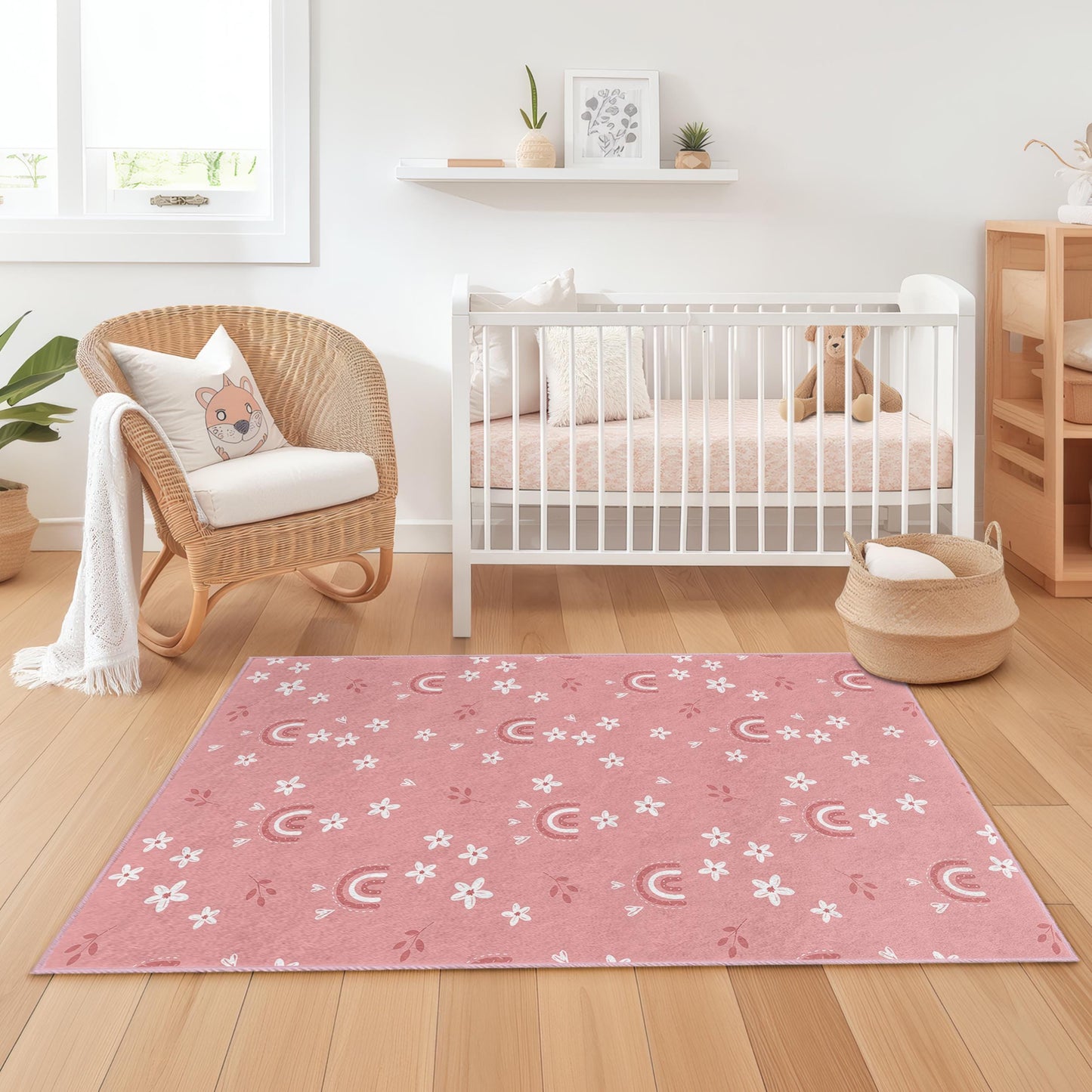 Rainbow and Floral Pattern Rectangular Kids Rug, Soft Playroom Carpet, Nursery Decor, Cute Rainbow Rug for Children's Room