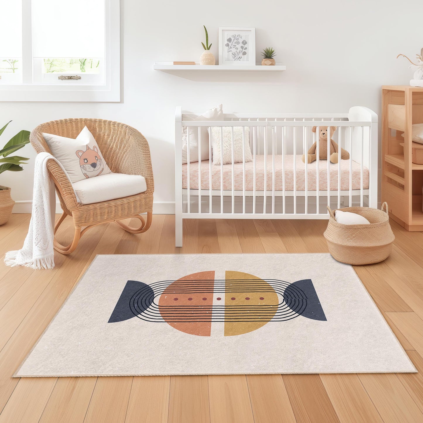Geometric Lines Rectangle Kids Rug, Modern Abstract Kids Room Carpet, Stylish Nursery Rug, Playroom Decor for Children