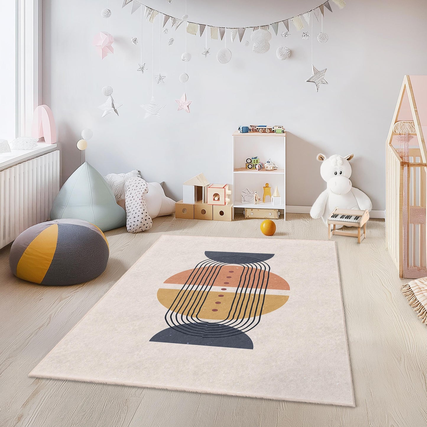 Geometric Lines Rectangle Kids Rug, Modern Abstract Kids Room Carpet, Stylish Nursery Rug, Playroom Decor for Children