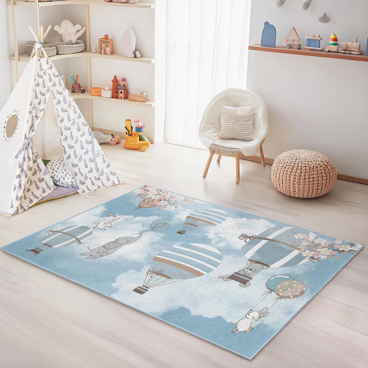Whimsical Hot Air Balloon Kids Rectangular Rug, Nursery Decor, Soft Play Mat for Children's Room, Playroom Carpet, Baby Shower Gift