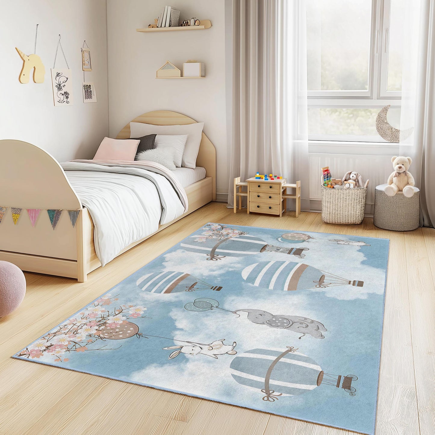 Whimsical Hot Air Balloon Kids Rectangular Rug, Nursery Decor, Soft Play Mat for Children's Room, Playroom Carpet, Baby Shower Gift