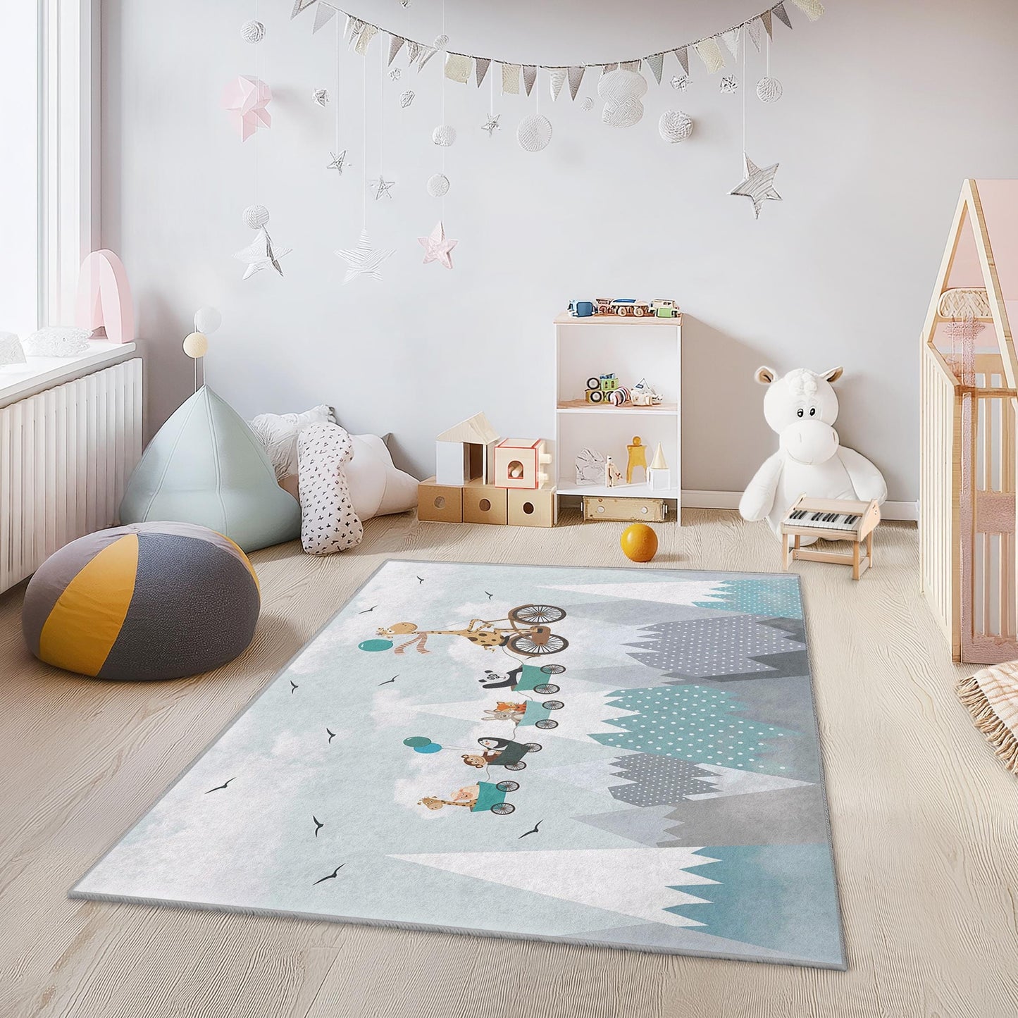 Animal Parade Kids Rug, Rectangular Playroom Carpet, Cute Animal Design Rug, Soft Nursery Decor, Toddler Room Play Mat