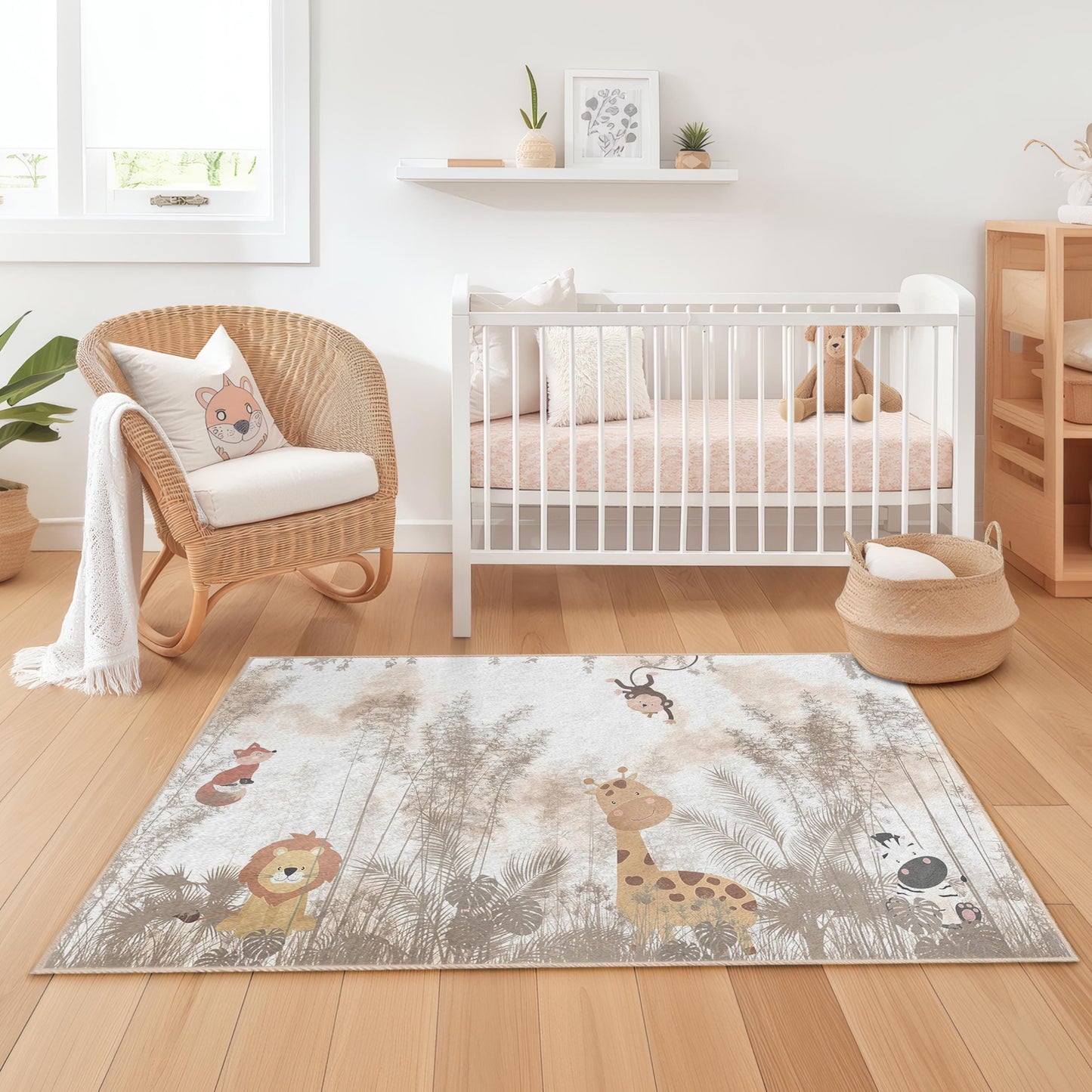 Jungle Adventure Kids Rug, Animal Print Rectangle Rug, Safari Themed Carpet, Nursery Decor, Soft Playroom Rug, Kids Room Accessories