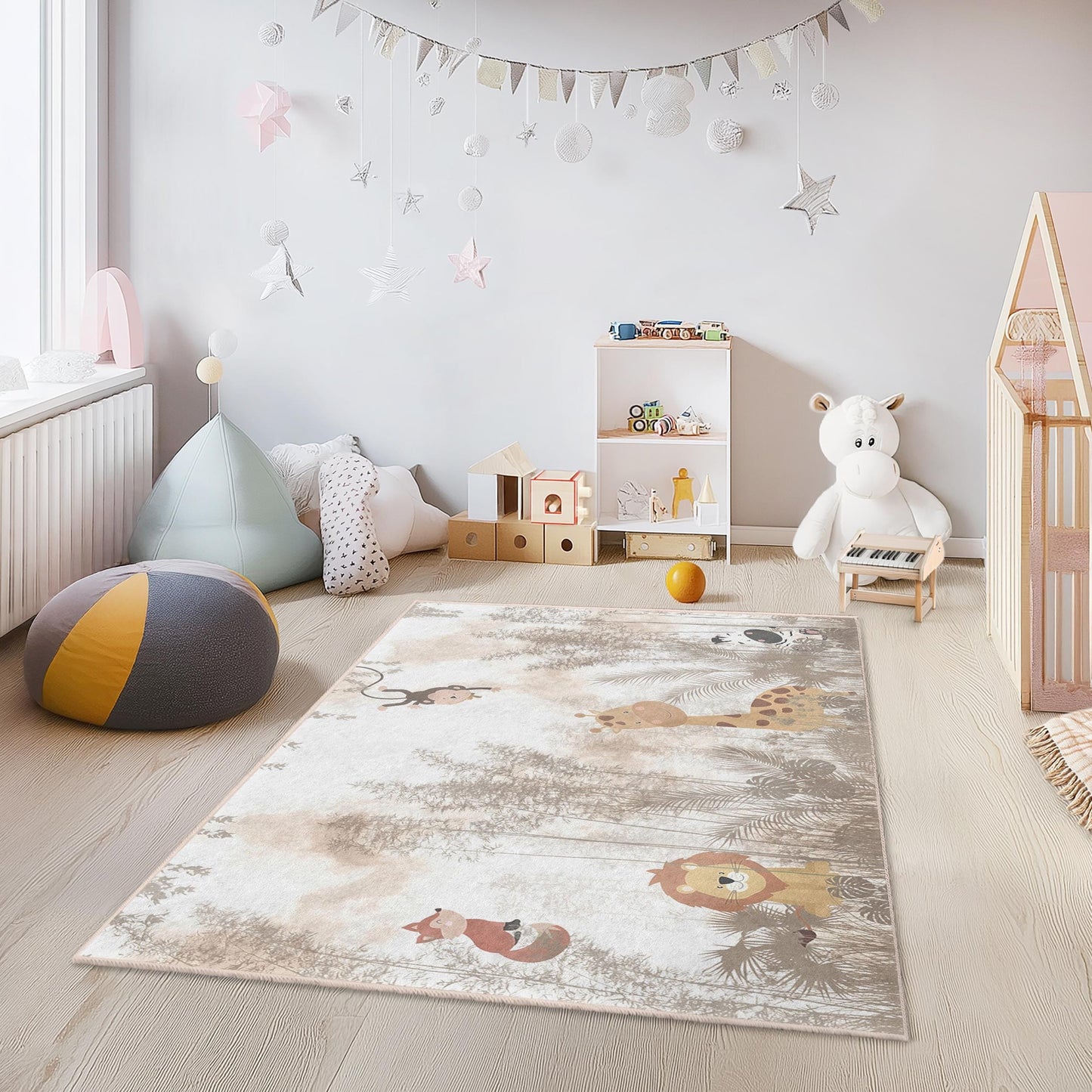 Jungle Adventure Kids Rug, Animal Print Rectangle Rug, Safari Themed Carpet, Nursery Decor, Soft Playroom Rug, Kids Room Accessories