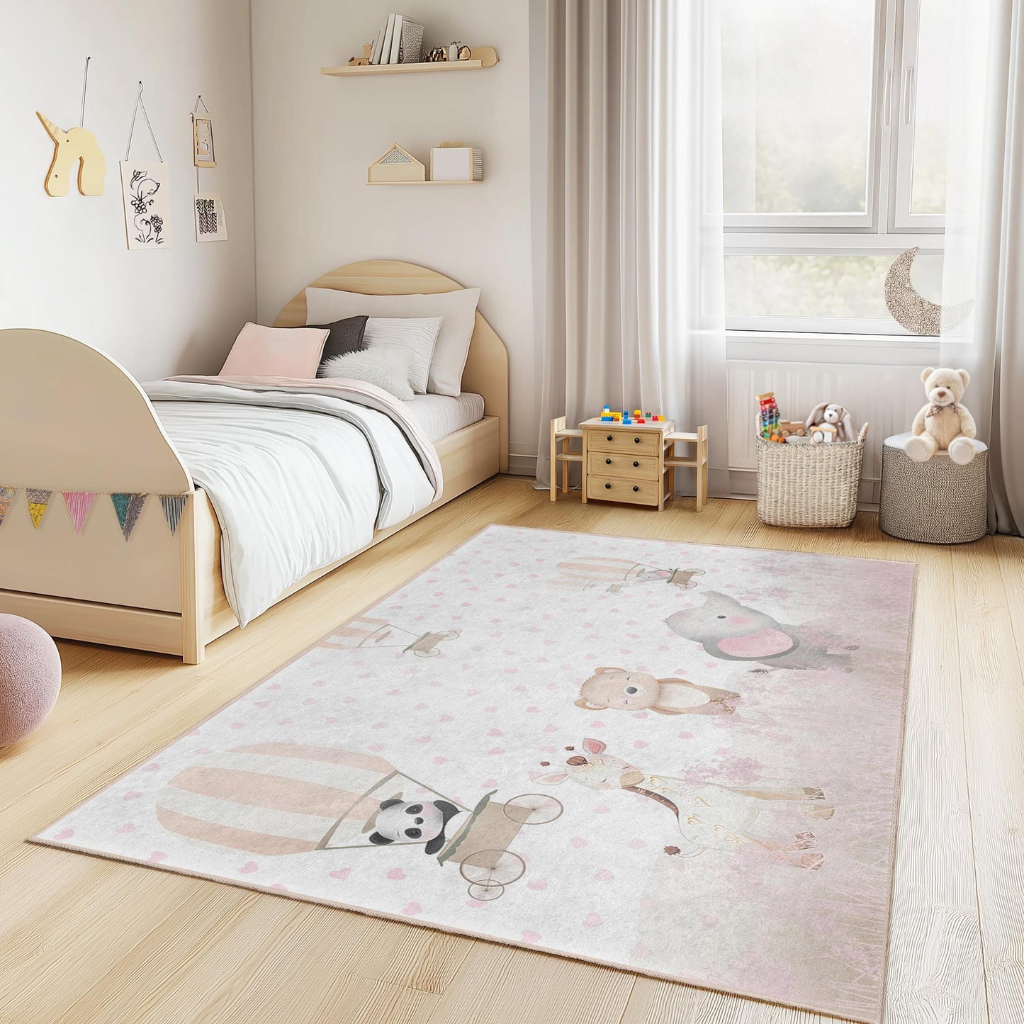Cute Animal Balloon Rectangular Kids Rug, Adorable Nursery Carpet, Baby Room Decor, Soft Play Mat for Children, Child's Room Rug
