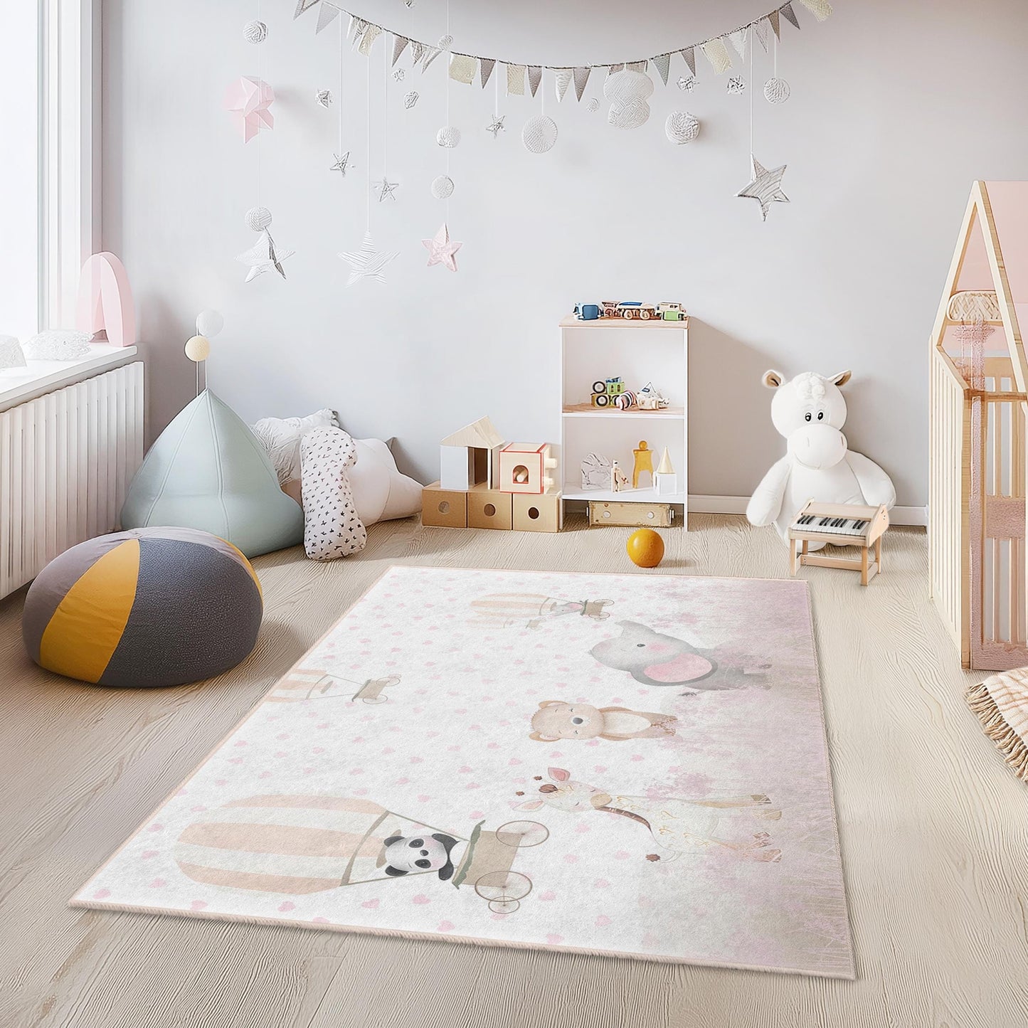 Cute Animal Balloon Rectangular Kids Rug, Adorable Nursery Carpet, Baby Room Decor, Soft Play Mat for Children, Child's Room Rug