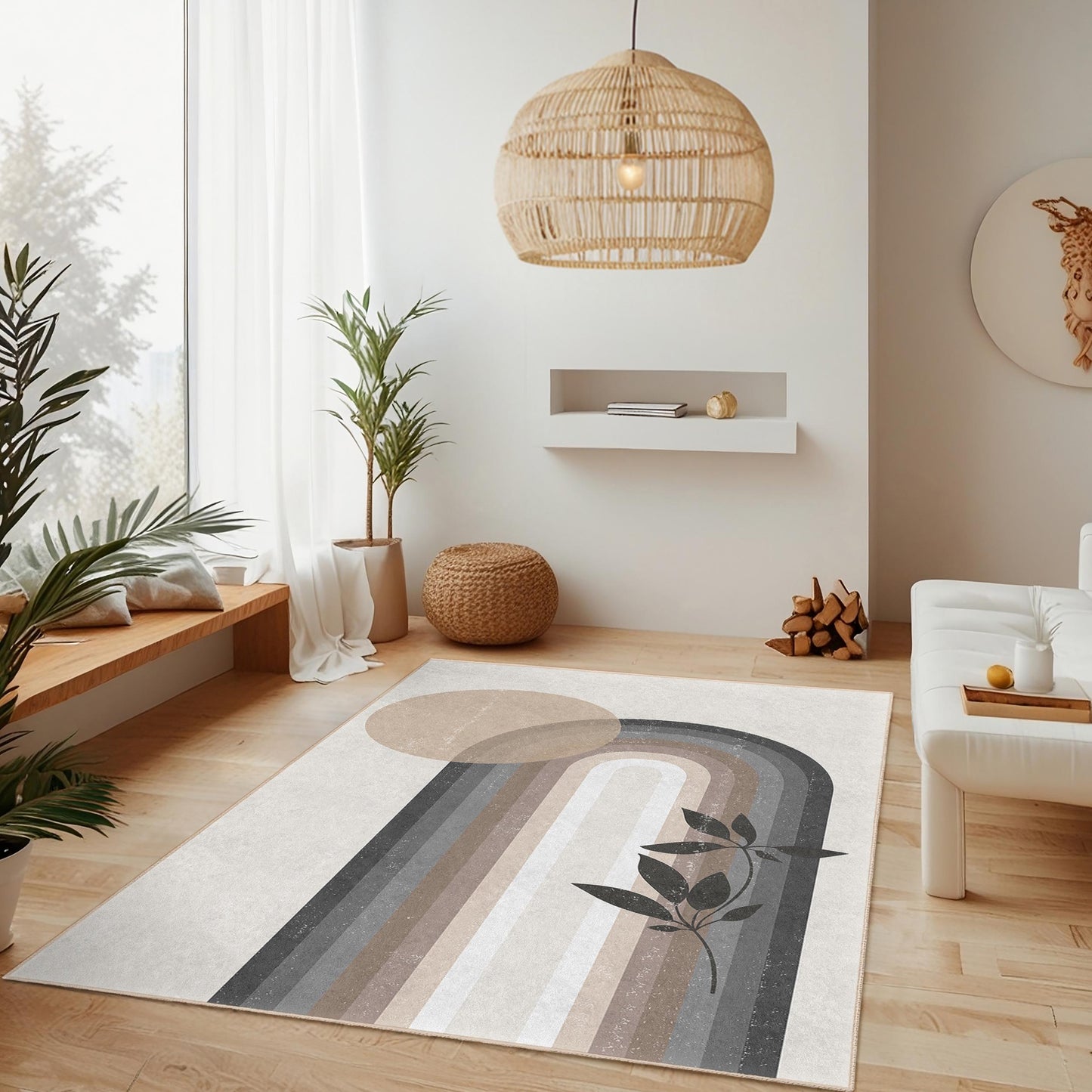 Elegant Boho Rectangular Area Rug, Modern Abstract Design Rug, Leaf Print Rug, Living Room Decor, Home Accent Rug