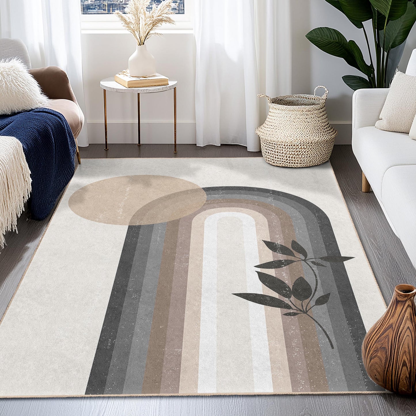 Elegant Boho Rectangular Area Rug, Modern Abstract Design Rug, Leaf Print Rug, Living Room Decor, Home Accent Rug