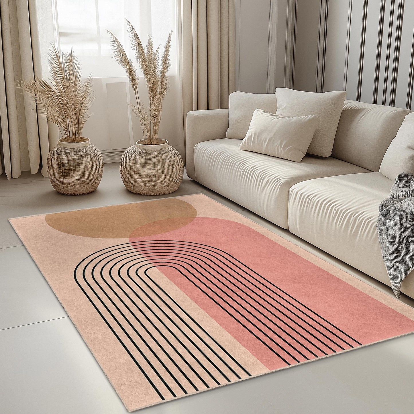Geometric Rainbow Design Rectangular Area Rug, Modern Minimalist Carpet, Stylish Living Room Decor, Boho Home Accessories