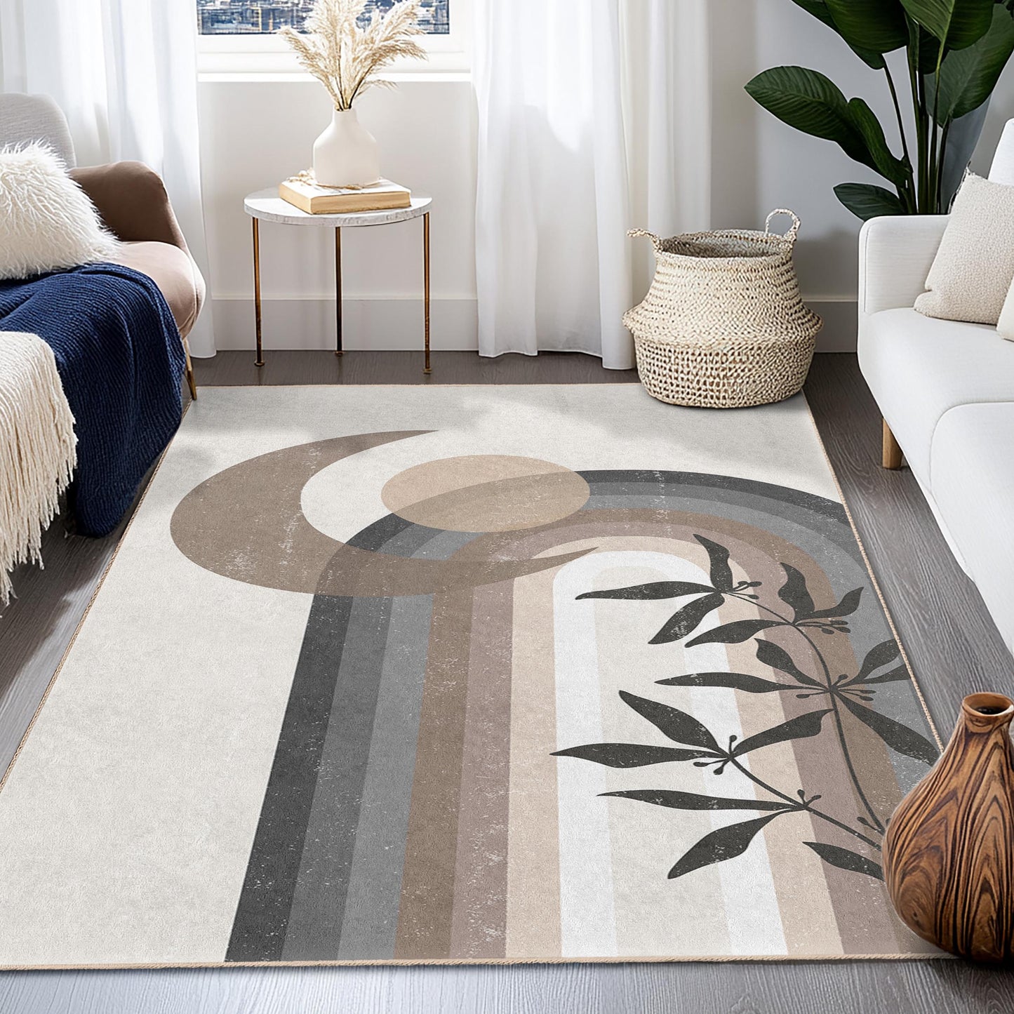 Abstract Moon and Floral Rectangular Area Rug, Modern Geometric Carpet, Decorative Indoor Rug, Living Room Decor, Stylish Home Accessory