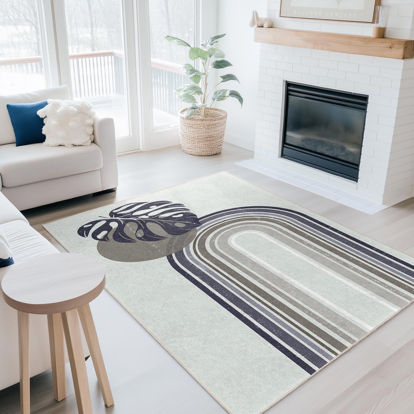 Abstract Leaf Design Rectangular Area Rug, Modern Bohemian Rug, Geometric Pattern Carpet, Living Room Decor, Stylish Floor Mat