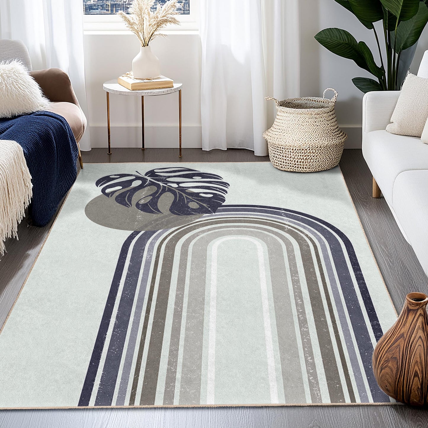 Abstract Leaf Design Rectangular Area Rug, Modern Bohemian Rug, Geometric Pattern Carpet, Living Room Decor, Stylish Floor Mat