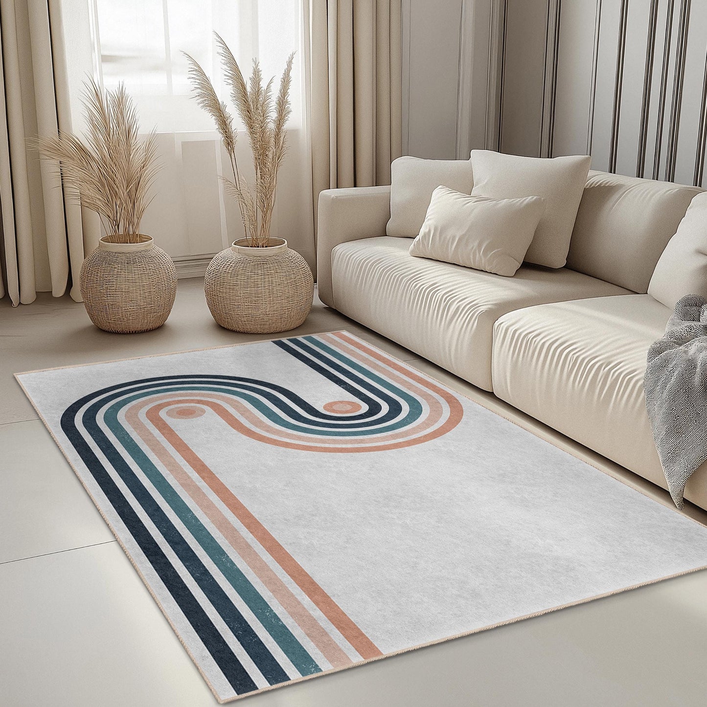 Modern Geometric Rectangular Area Rug, Stylish Line Pattern Carpet, Living Room Decor, Soft Home Rug, Contemporary Design