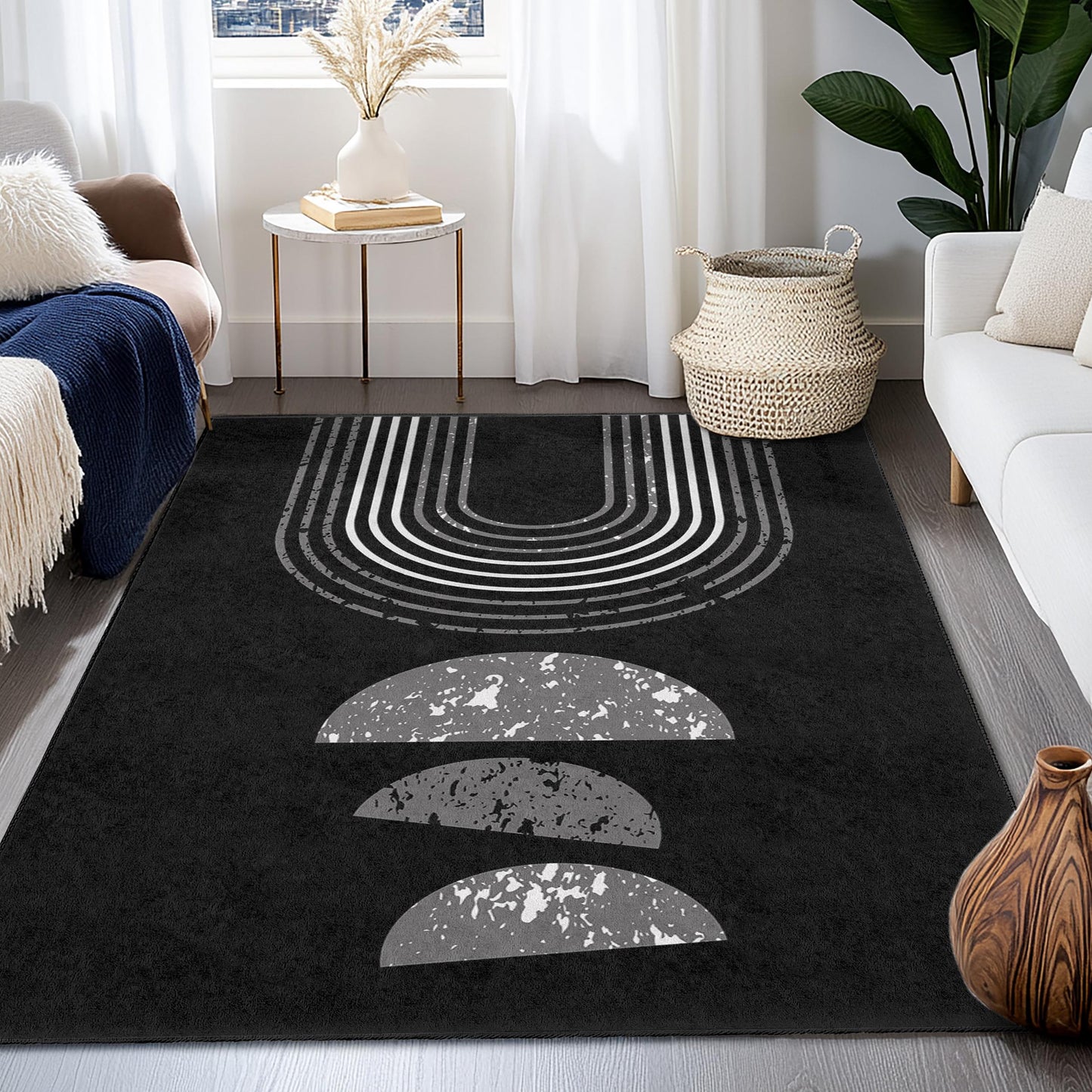 Modern Geometric Rectangular Rug, Stylish Black and White Area Rug, Contemporary Home Decor, Living Room Carpet, Abstract Design Rug