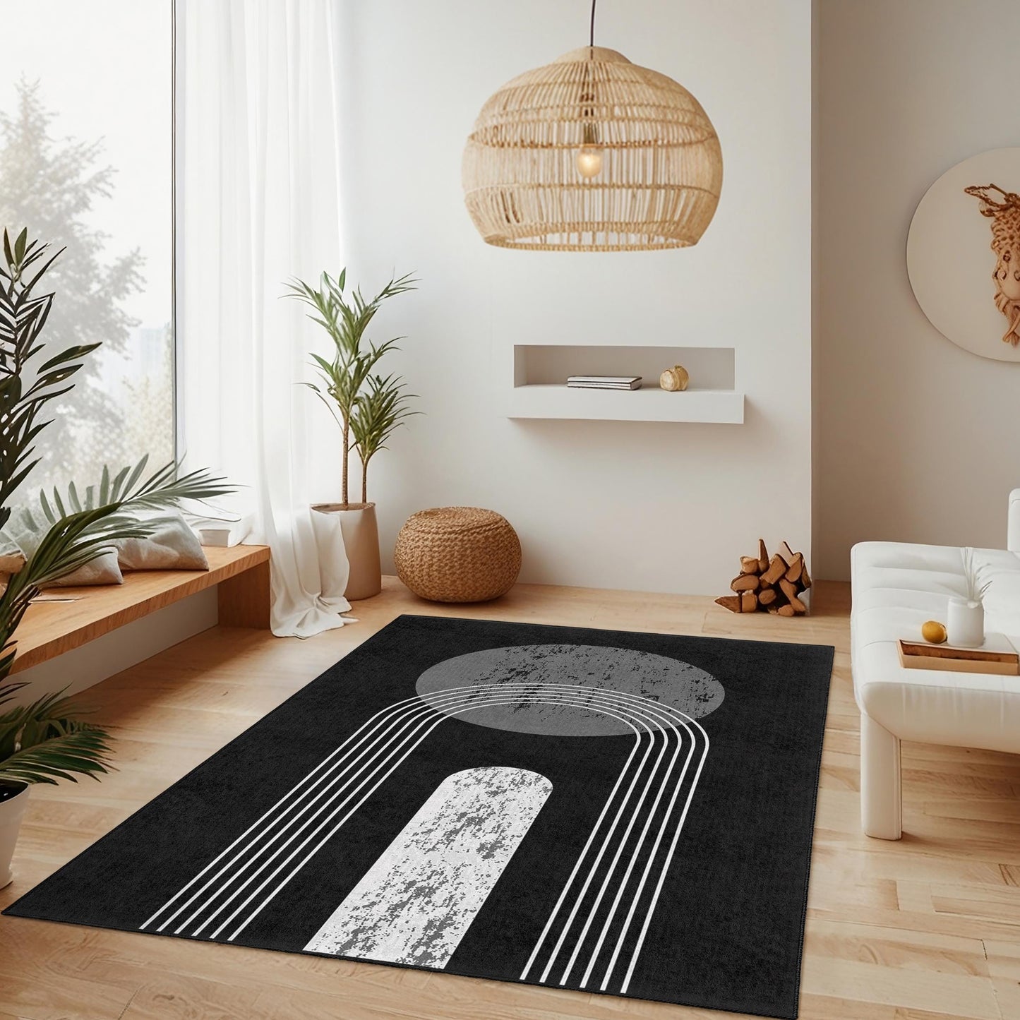 Modern Abstract Rectangular Area Rug, Black and White Geometric Rug, Minimalist Home Decor, Stylish Living Room Carpet, Statement Piece