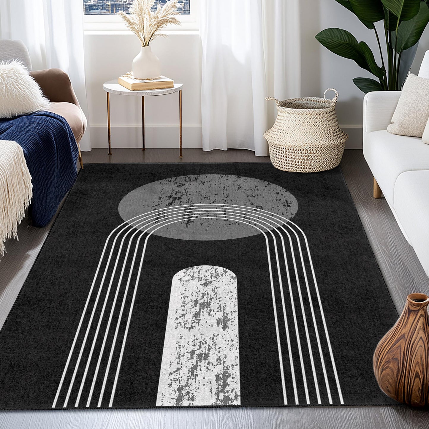 Modern Abstract Rectangular Area Rug, Black and White Geometric Rug, Minimalist Home Decor, Stylish Living Room Carpet, Statement Piece