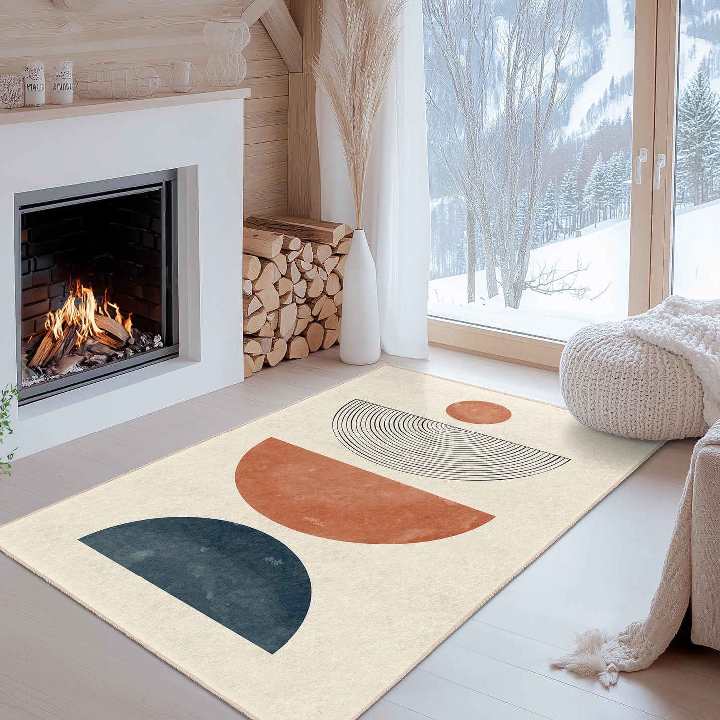 Geometric Circle and Half Circle Area Rug, Modern Decorative Rectangular Rug, Living Room Carpet, Boho Home Decor, Soft Area Mat