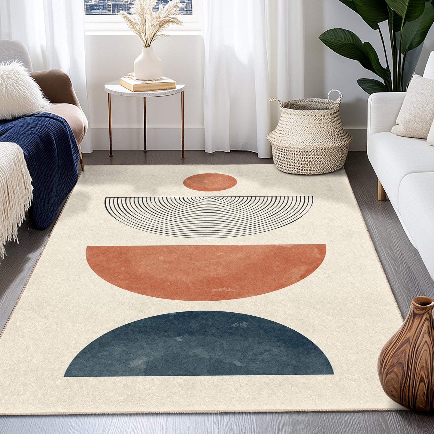 Geometric Circle and Half Circle Area Rug, Modern Decorative Rectangular Rug, Living Room Carpet, Boho Home Decor, Soft Area Mat