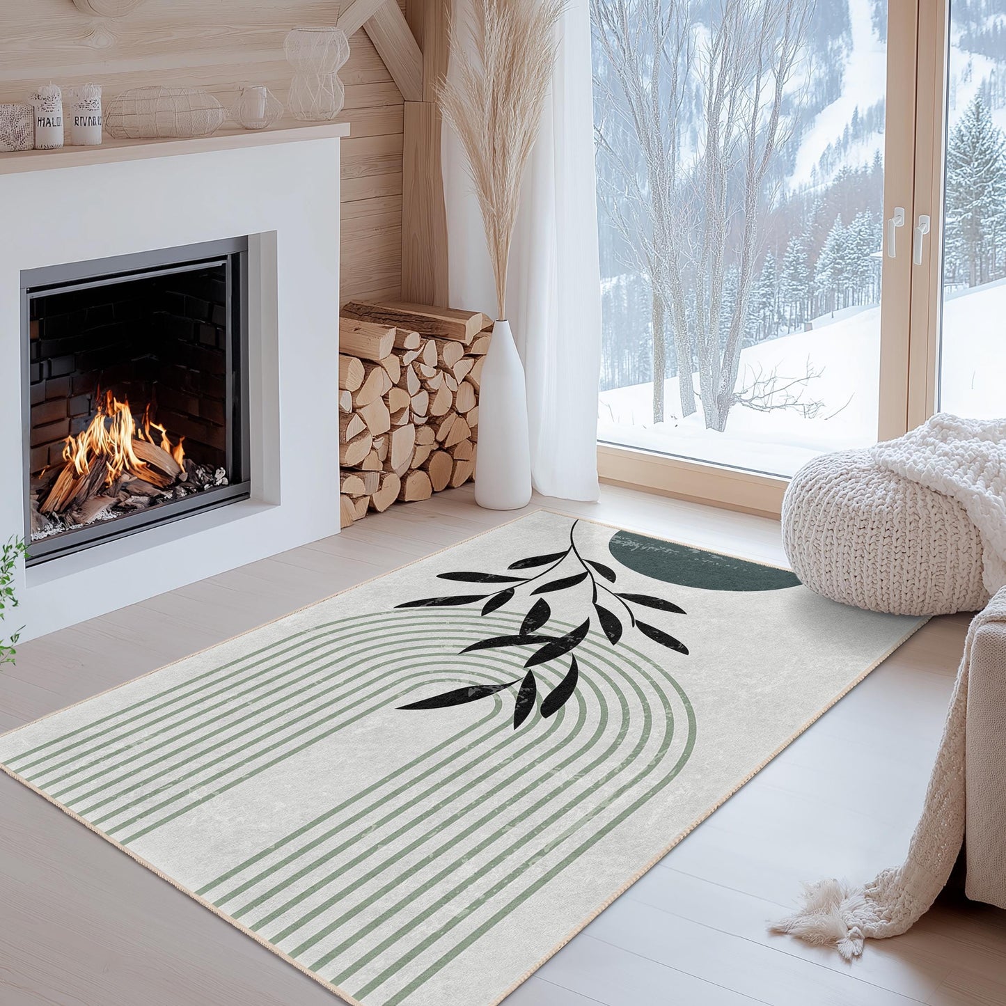 Elegant Leaf Print Rectangular Area Rug, Modern Design Floor Mat, Boho Chic Home Decor, Living Room Carpet, Indoor Rug