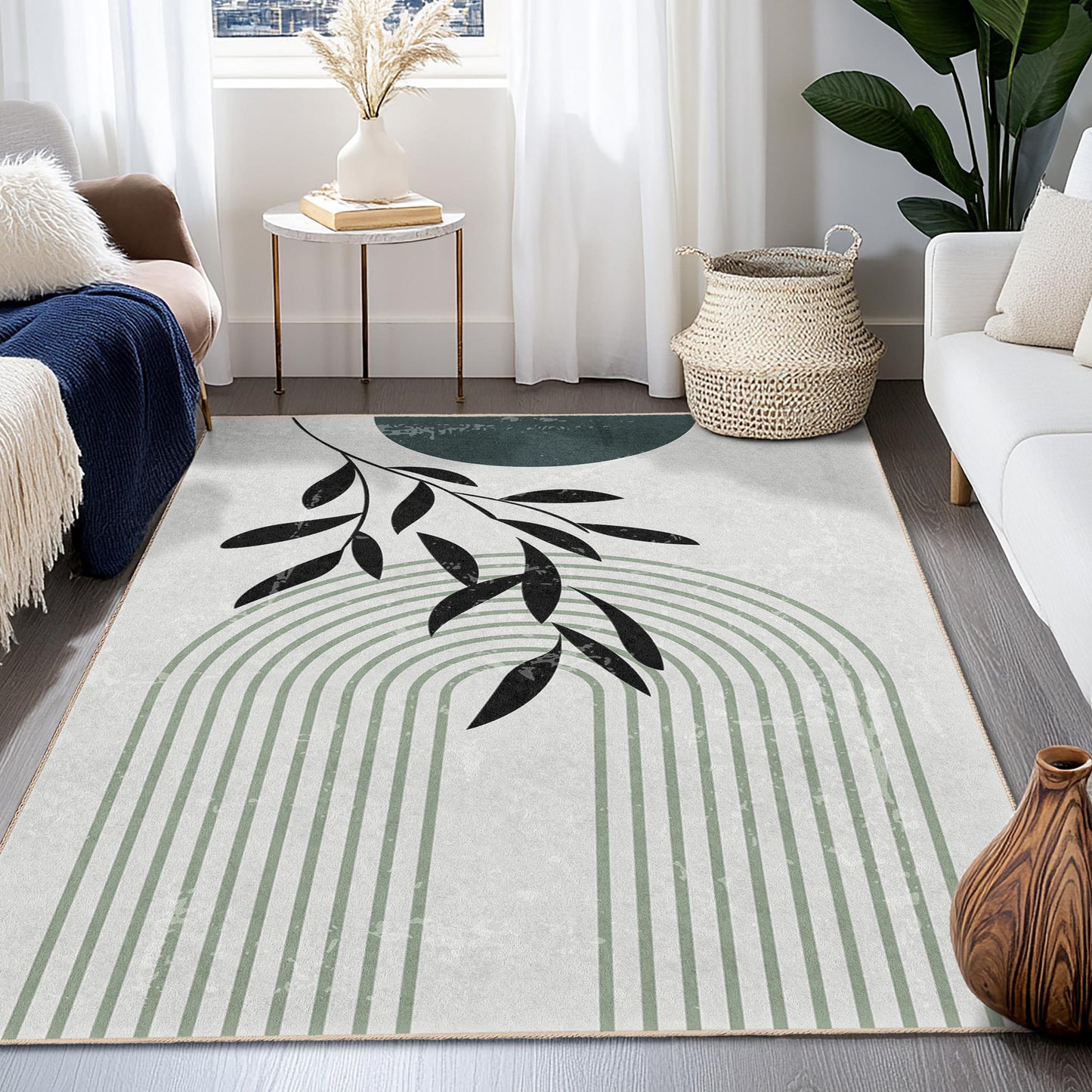 Elegant Leaf Print Rectangular Area Rug, Modern Design Floor Mat, Boho Chic Home Decor, Living Room Carpet, Indoor Rug