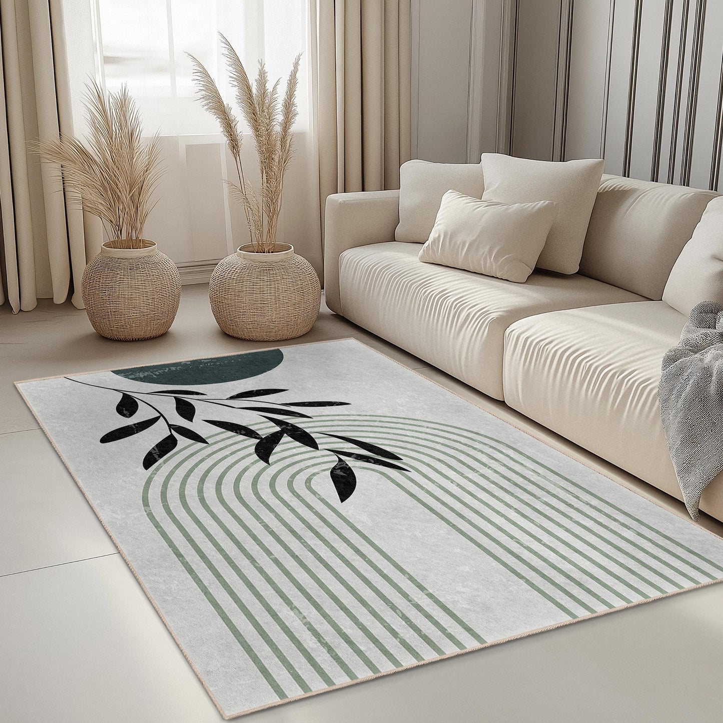 Elegant Leaf Print Rectangular Area Rug, Modern Design Floor Mat, Boho Chic Home Decor, Living Room Carpet, Indoor Rug