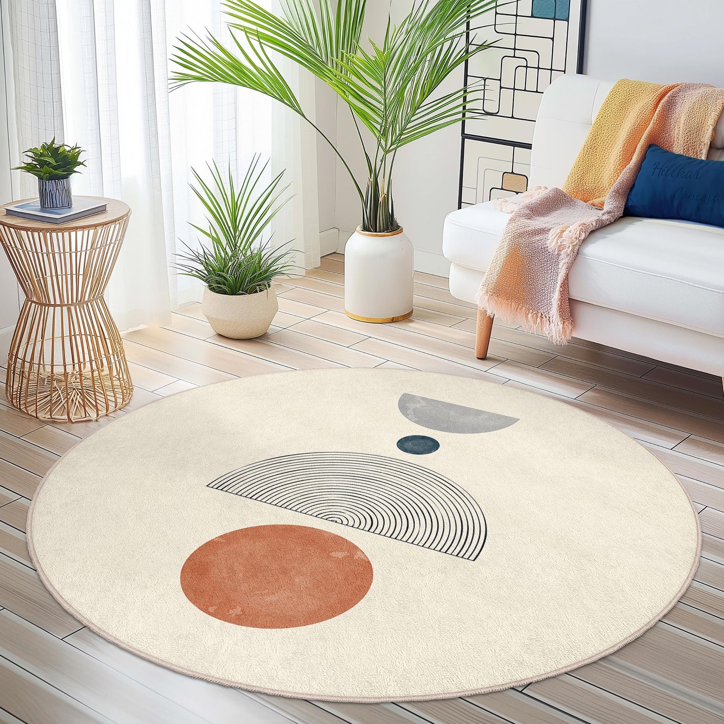 Modern Abstract Round Area Rug, Geometric Design Circle Carpet, Soft Living Room Rug, Boho Decor Round Mat, Stylish Home Accent